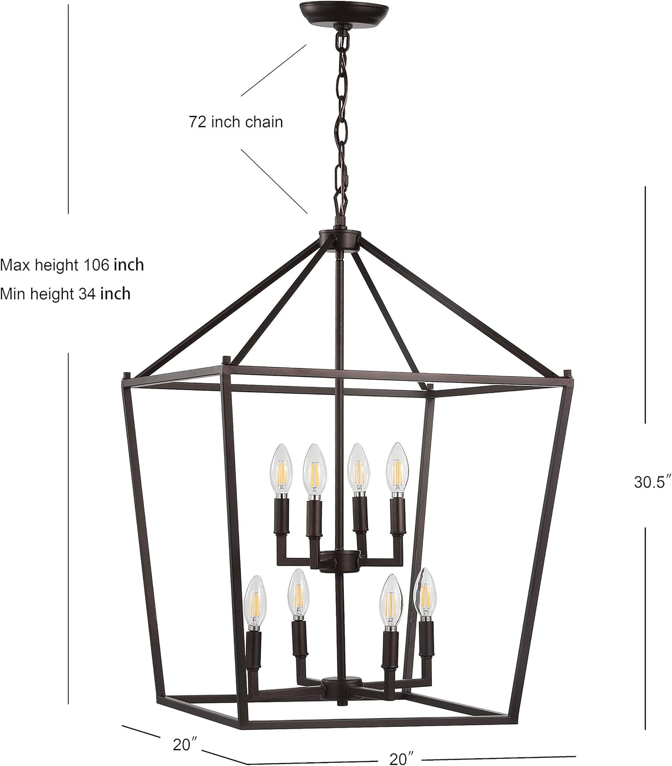JONATHAN Y 20" Oil Rubbed Bronze Lantern Pendant Light, 8-Light Pagoda Style Metal Cage Farmhouse Hanging Ceiling Fixture for Kitchen Island, LED Bulb Included (JYL7438A)