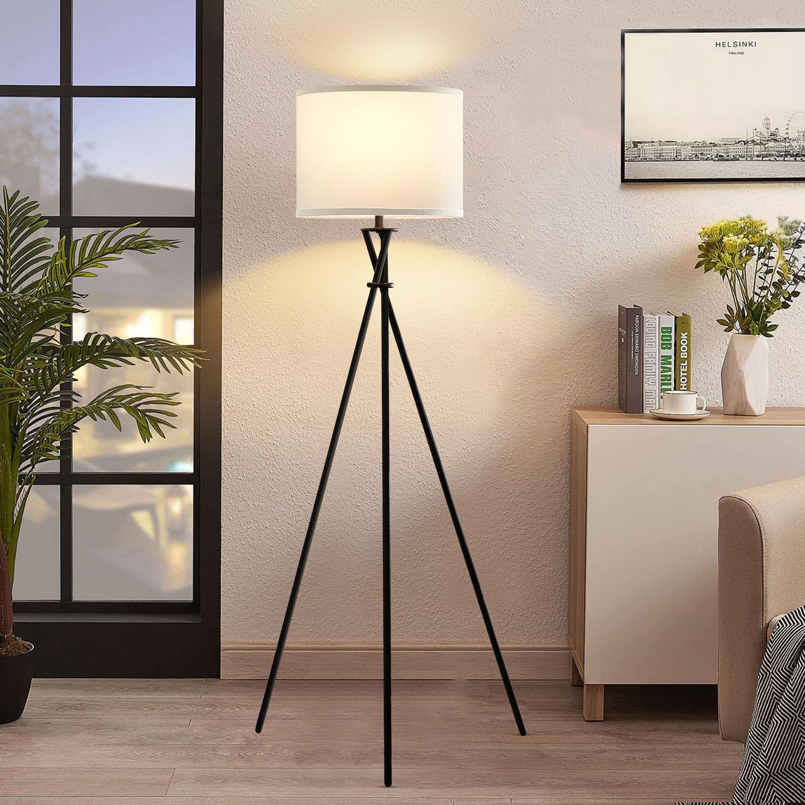 Tripod Floor Lamp Silver, 61”Tall Floor Lamps, Standing Lamp with Rotary Switch, Modern Floor Lamp Simple Design with White Shade, Floor Lamps for Living Room, Bedroom, Office, Without Bulb