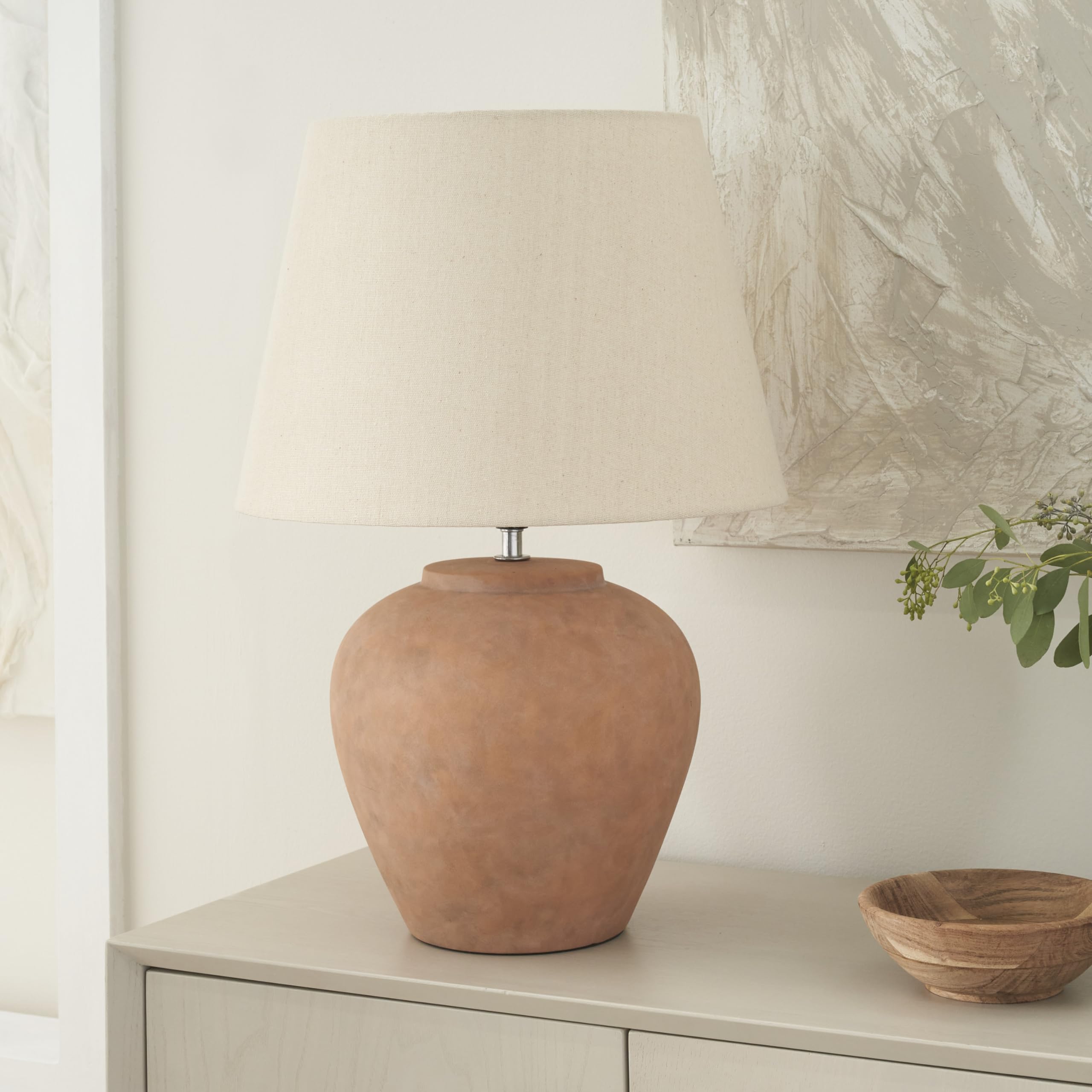 Nourison Home 20" Rustic Terracotta Ceramic Table Lamp with Fabric Shade, Bedside Nightstand Lamp for Bedroom, Living Room, Entryway