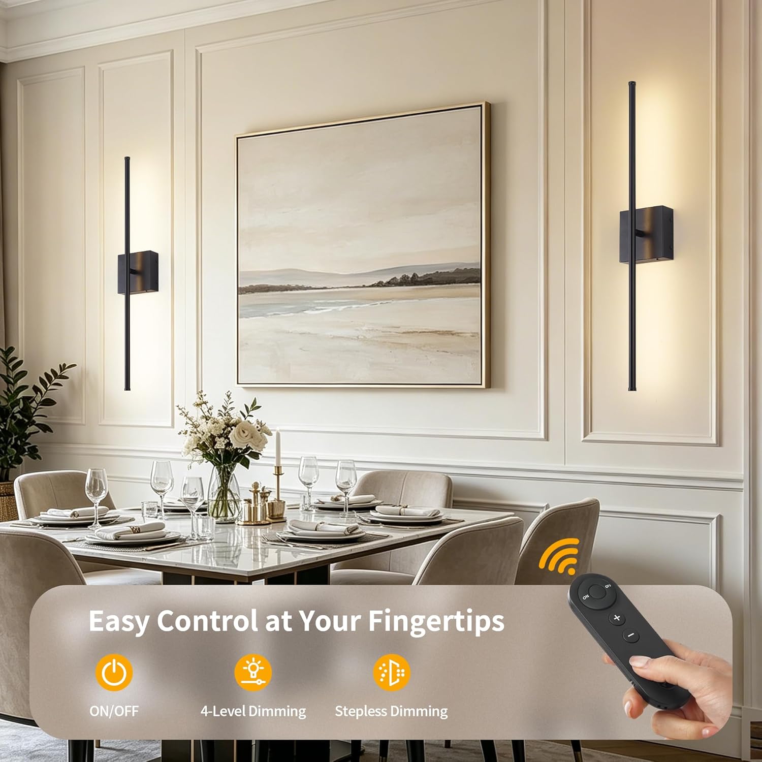 KARTOOSH 28.3 Inch Wall Sconces Battery Operated for Bedroom Hallway, Rechargeable Wireless Wall Lamp Set of 2, 3000K Warm White Dimmable Wall Light w/Remote Timer Memory Indoor Sconce Decor, Black