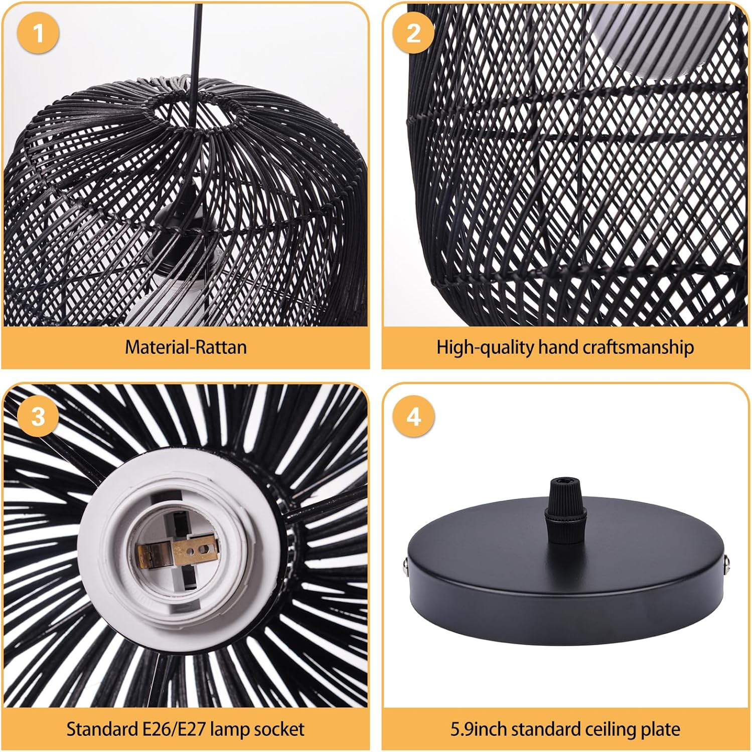 Arturesthome Black Rattan Pendant Light Fixture, Farmhouse Natural Boho Chandelier Ceiling Lighting, Retro Wicker Hanging Lamp for Kitchen Island 11"*15.74"