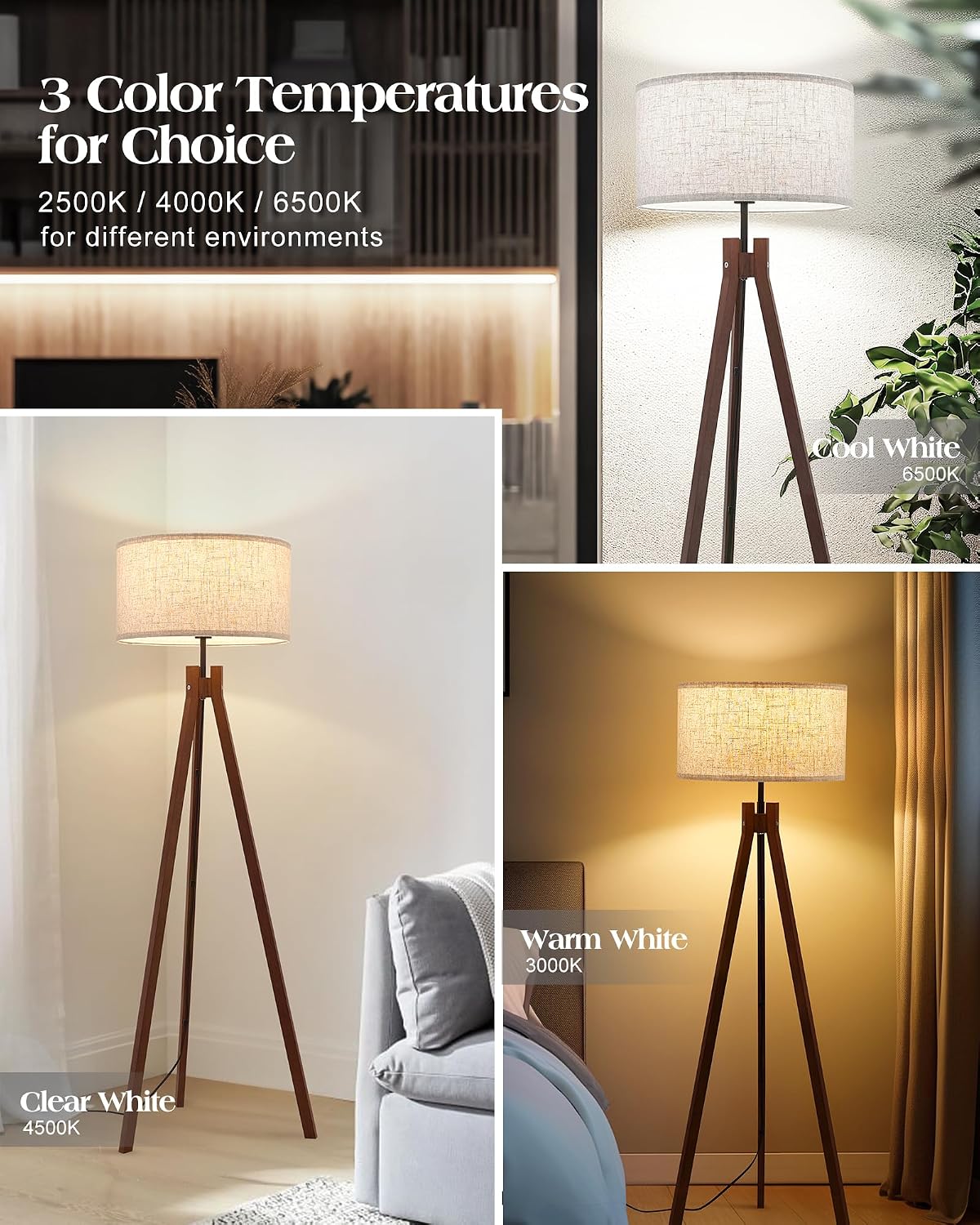 ELYONA Wood Tripod Floor Lamp, Mid Century Reading Standing Lamp with 3 Color Temperatures & Linen Shade, Modern Night Light for Bedroom, Farmhouse, Living Room, Office, 9W LED Bulb Included, Brown