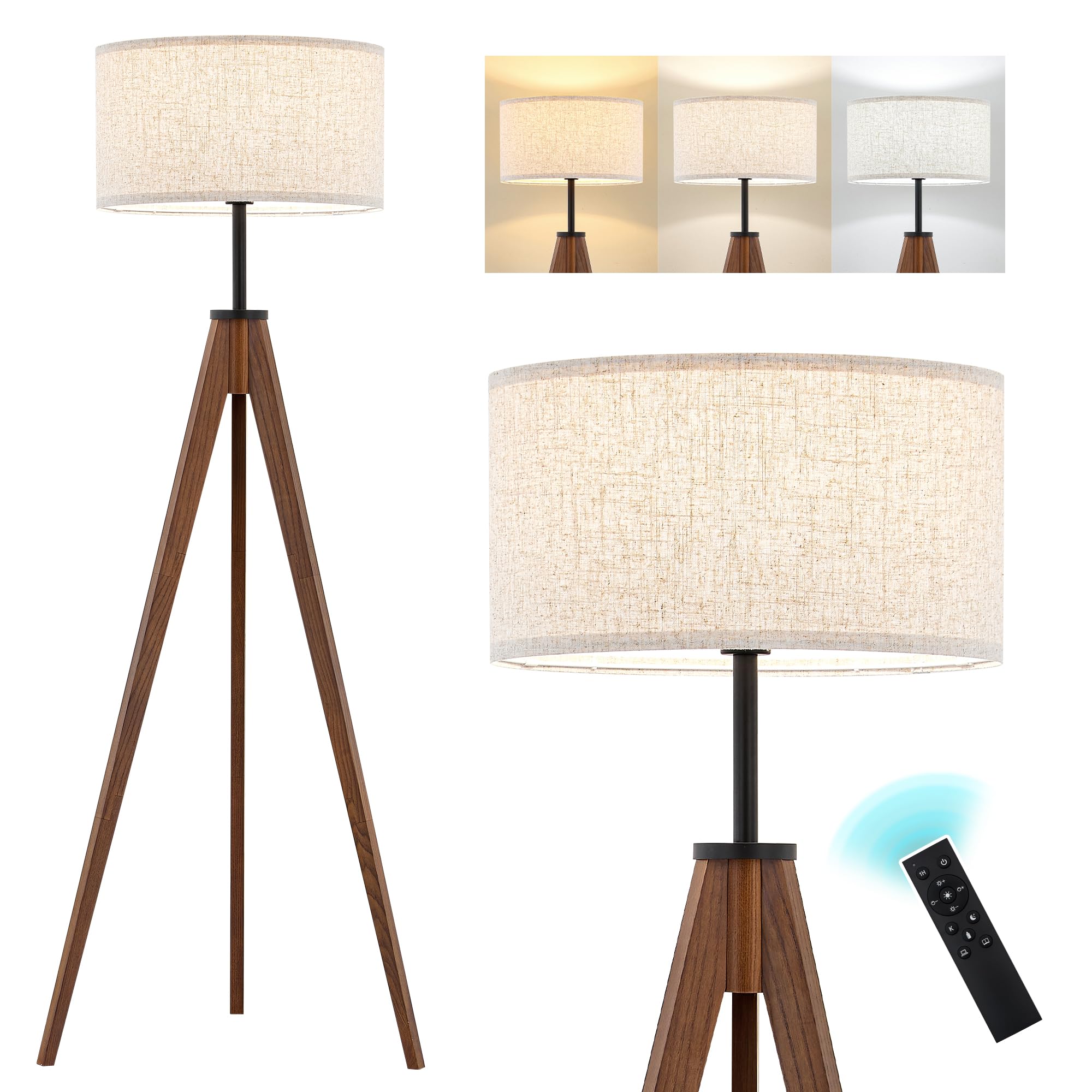 ELYONA Wood Tripod Floor Lamp, Mid Century Reading Standing Lamp with 3 Color Temperatures & Linen Shade, Modern Night Light for Bedroom, Farmhouse, Living Room, Office, 9W LED Bulb Included, Brown