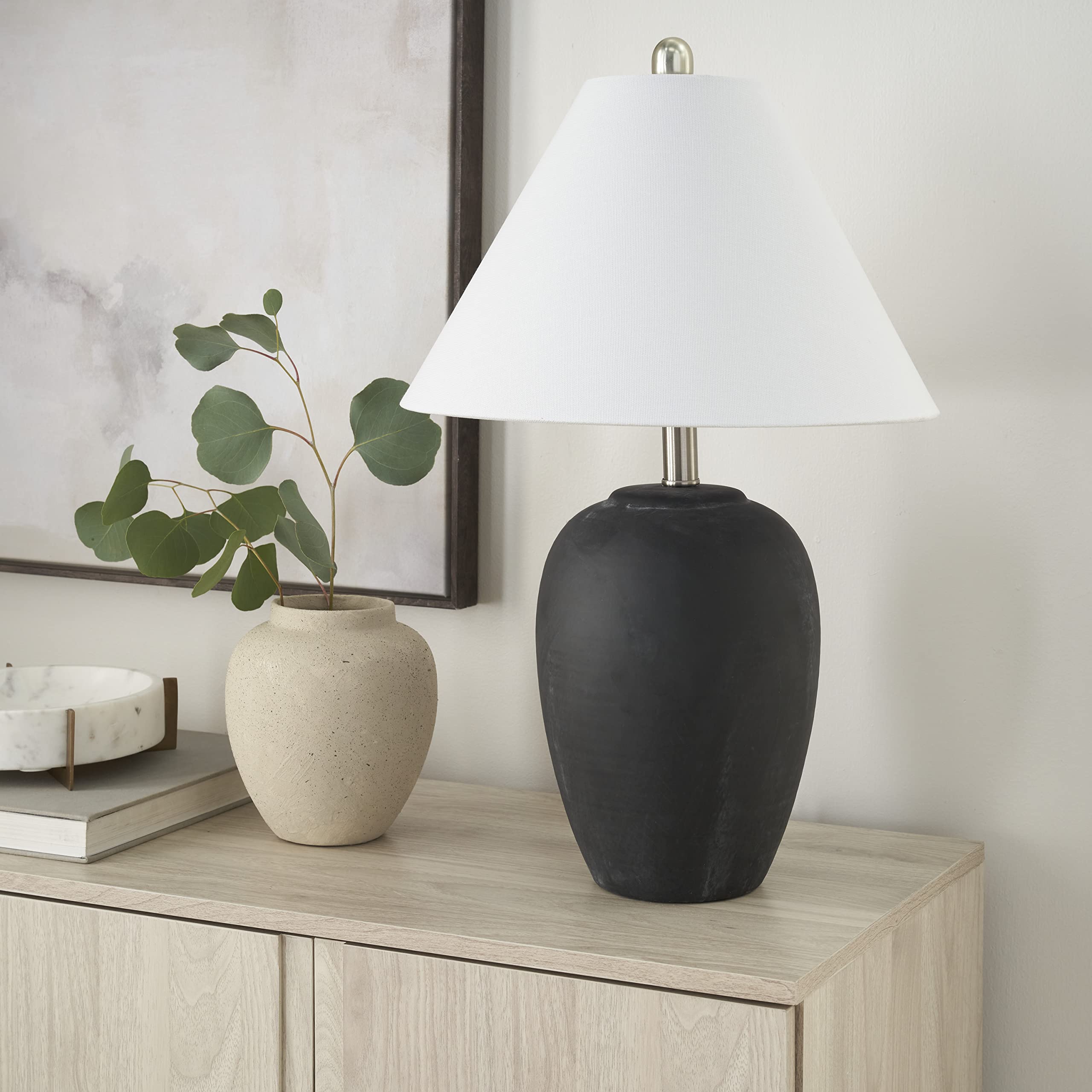Nourison Home 23" Natural White Ceramic Jar Table Lamp for Bedroom, Living Room, Dining Office, with Off-White Shade