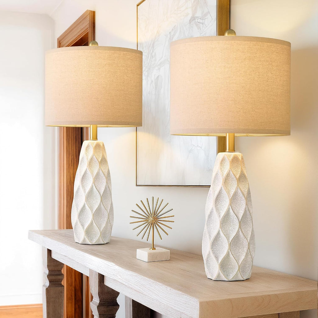 Set of 2 27.5" White Ceramic Table Lamps, Modern Boho Farmhouse Vintage Bedside Lights for Living Room Bedroom Nightstand Decor & Gifts