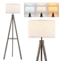 ELYONA Tripod Floor Lamp with Table, Mid Century Wood Shelf Standing Light Modern Tall Floor Lamp with Linen Shade for Living Room Bedroom Office,Dark Brown, 3 Color Temperatures LED Bulb Include