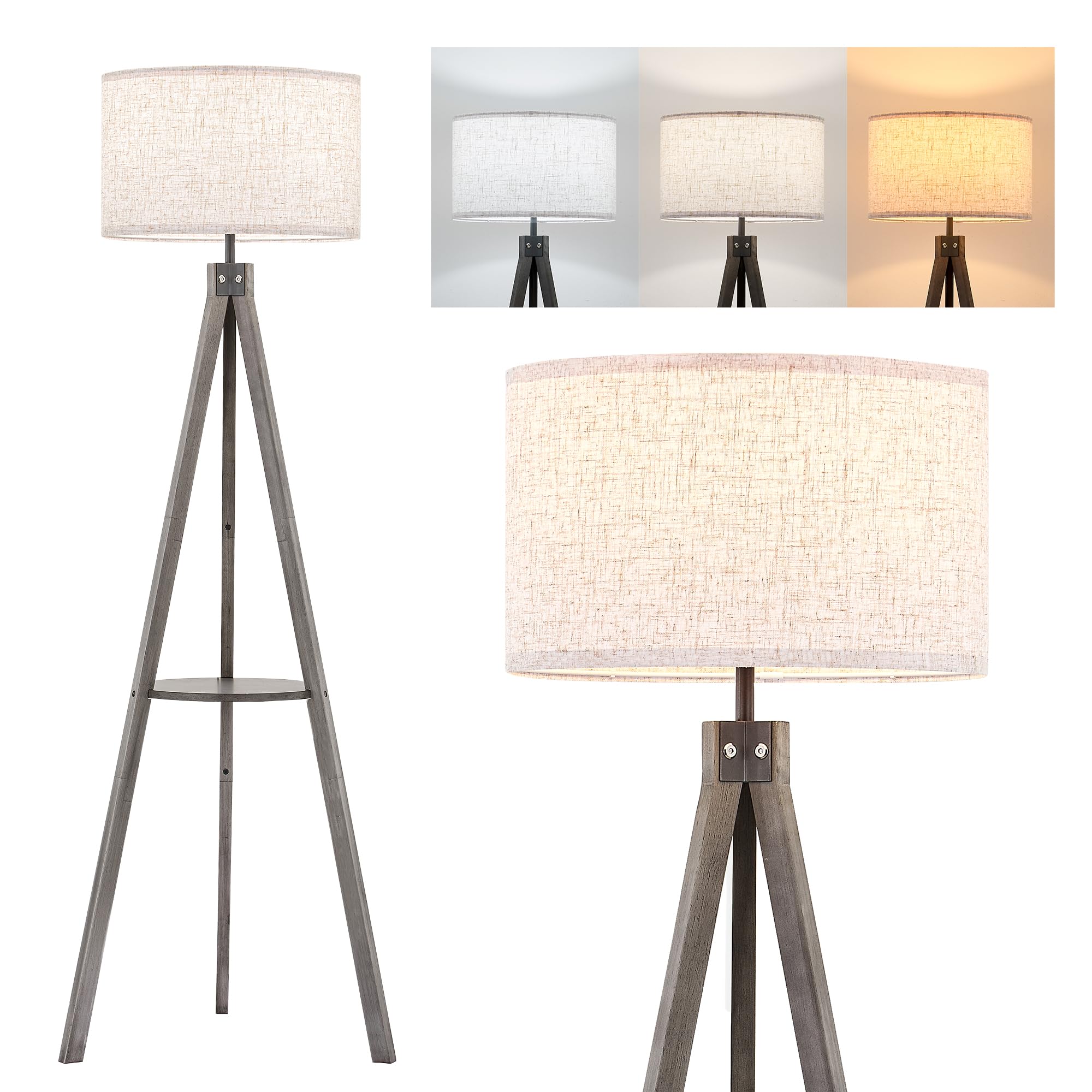 ELYONA Tripod Floor Lamp with Table, Mid Century Wood Shelf Standing Light Modern Tall Floor Lamp with Linen Shade for Living Room Bedroom Office,Dark Brown, 3 Color Temperatures LED Bulb Include