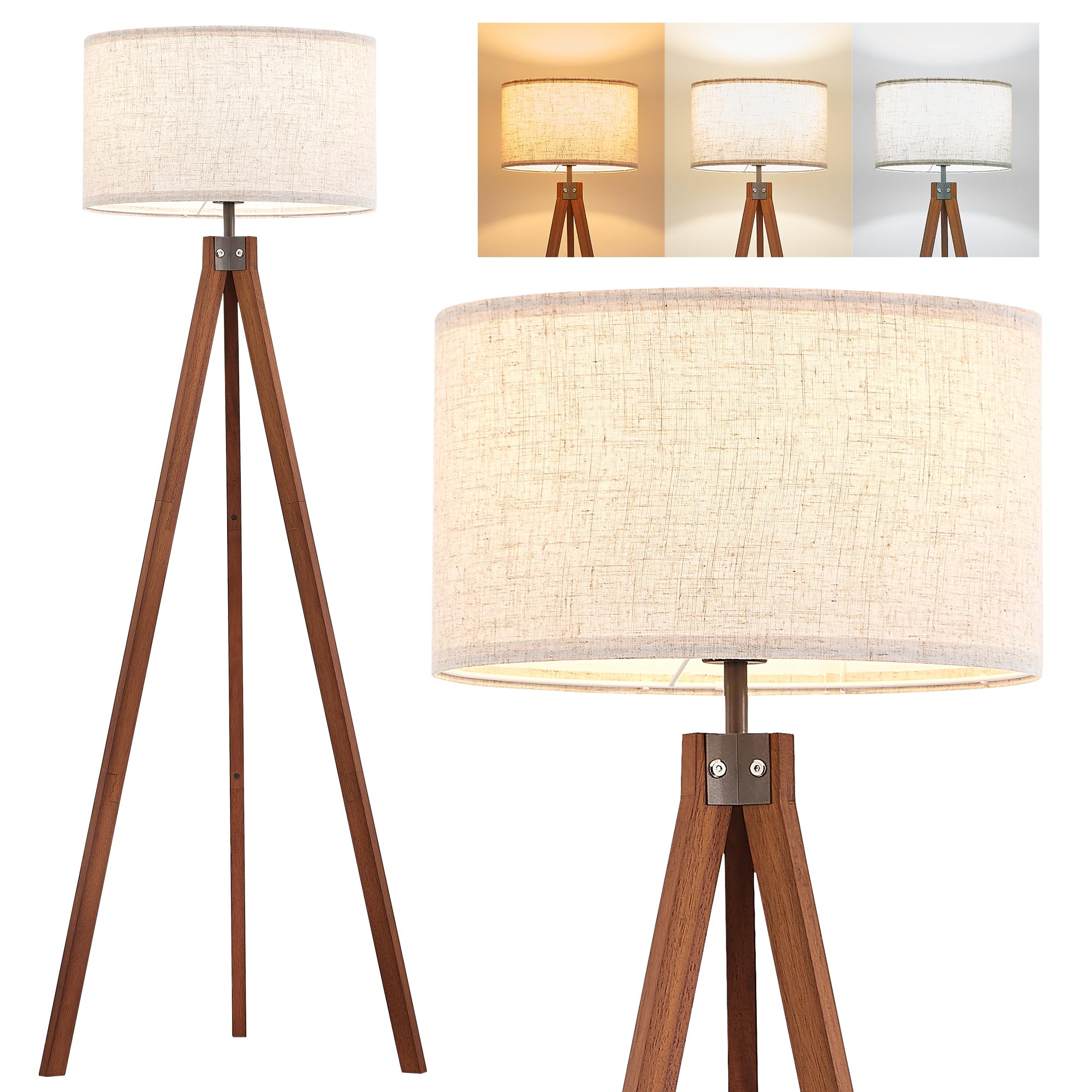 ELYONA Wood Tripod Floor Lamp Modern Standing Lamp with Black Drum Shade, Industrial Tall Reading Lamp for Office Living Room Bedroom, ETL Listed Walnut & Black, 3 Color Temperatures LED Bulb Include
