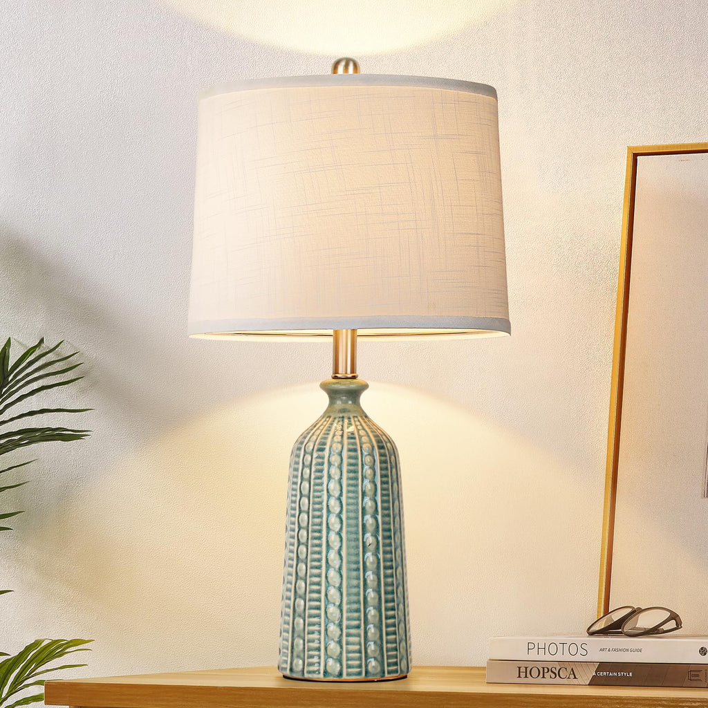 JUNNAI White Ceramic Table Lamp 24.5": 3-Way Dimmable Bedside Lamp with White Drum Slub Shade, Modern Nightstand Lamp for Bedroom & Living Room (Bulb Included)