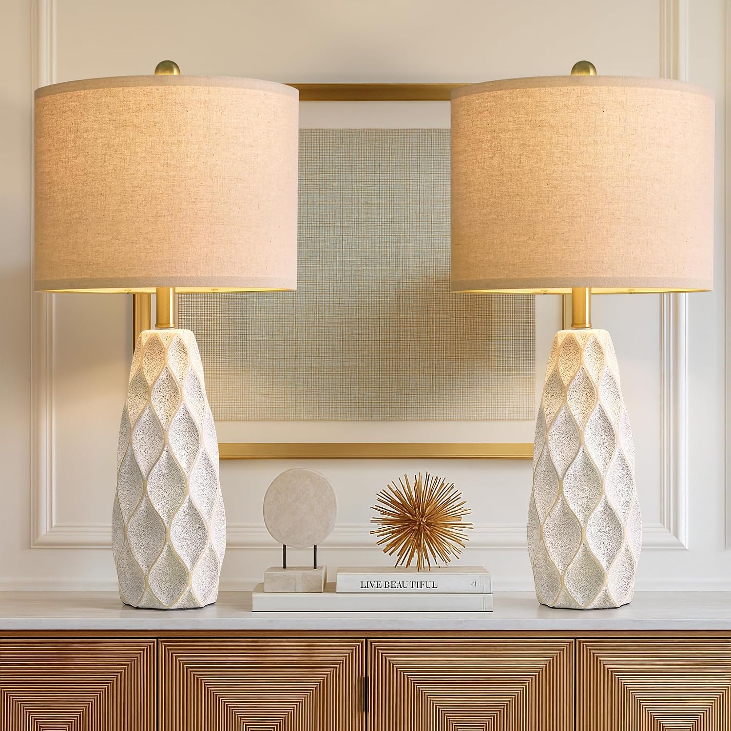 Set of 2 27.5" White Ceramic Table Lamps, Modern Boho Farmhouse Vintage Bedside Lights for Living Room Bedroom Nightstand Decor & Gifts