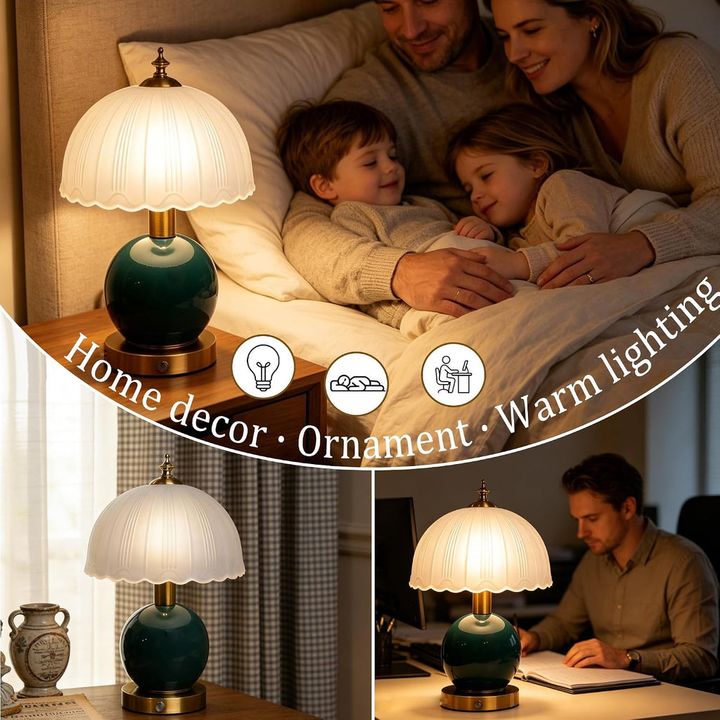 Living Room Vintage Ceramic lamp,12 inch Modern Rechargeable Touch Light, Stepless Light Adjustment Desk Lamp, Classic Chinese Style Emerald Green