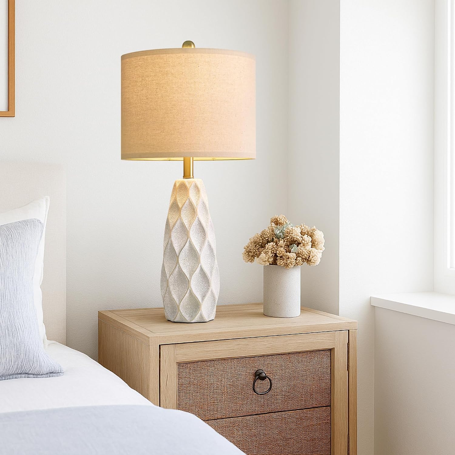 Set of 2 27.5" White Ceramic Table Lamps, Modern Boho Farmhouse Vintage Bedside Lights for Living Room Bedroom Nightstand Decor & Gifts
