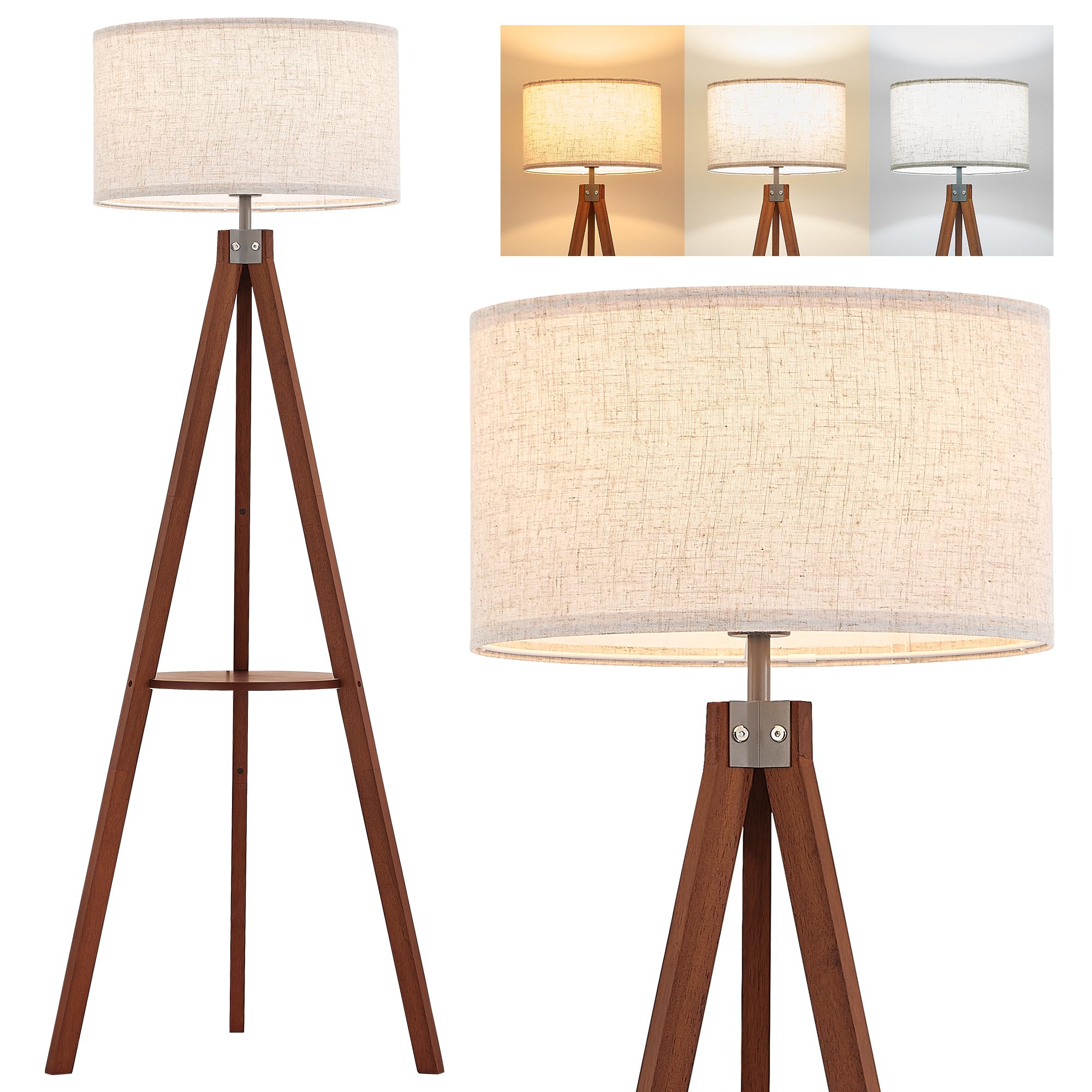 ELYONA Tripod Floor Lamp with Table, Mid Century Wood Shelf Standing Light Modern Tall Floor Lamp with Linen Shade for Living Room Bedroom Office,Dark Brown, 3 Color Temperatures LED Bulb Include