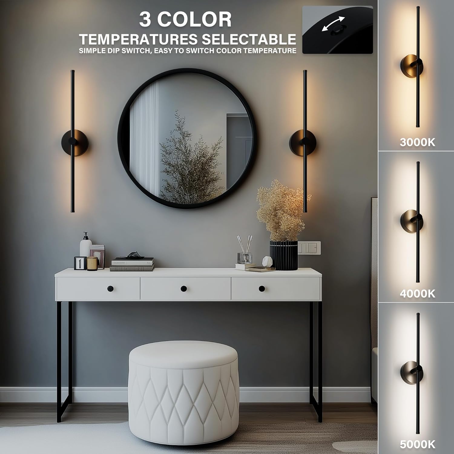 ZAGO 24 Inch LED Indoor Linear Wall Sconces Set of Two, 3CCT Switchable, Matte Black, Hardwired and Wall Mounted, Dimmable for Living Room, Hallway, Bedroom, 120-277V, 14W, 900LM, ETL Certified