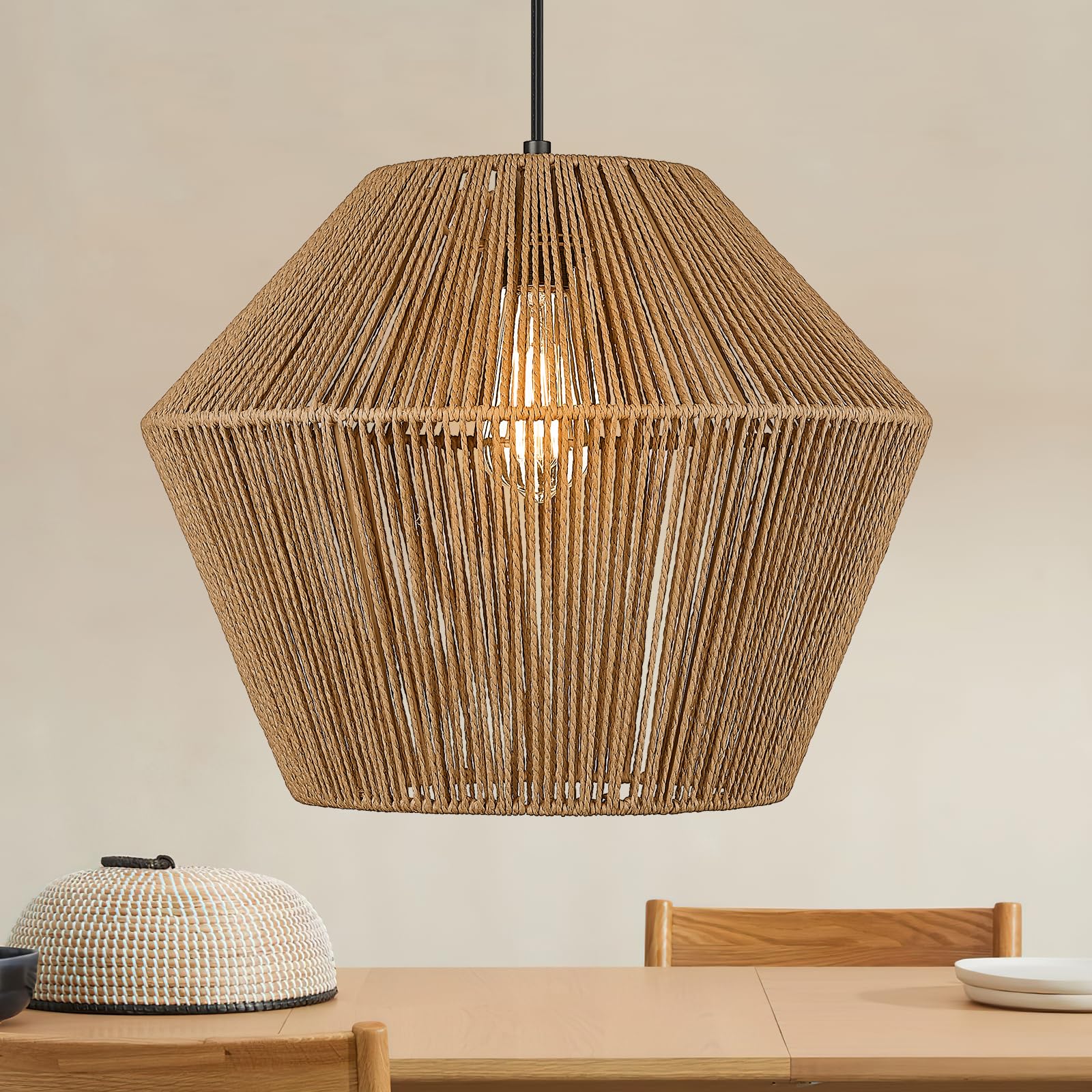 ELYONA Boho Woven Pendant Lights 7” Rustic Rattan Hanging Lamp Adjustable Handwoven Basket Shade, Japandi Pendant Light Fixtures for Kitchen Island, Dining Room, Bedroom, Farmhouse Bar, Foyer Hallway