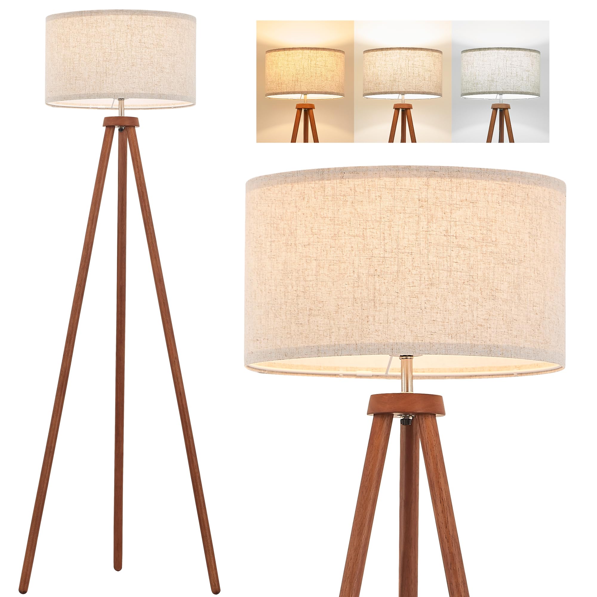ELYONA Wood Tripod Floor Lamp Modern Standing Lamp with Black Drum Shade, Industrial Tall Reading Lamp for Office Living Room Bedroom, ETL Listed Walnut & Black, 3 Color Temperatures LED Bulb Include