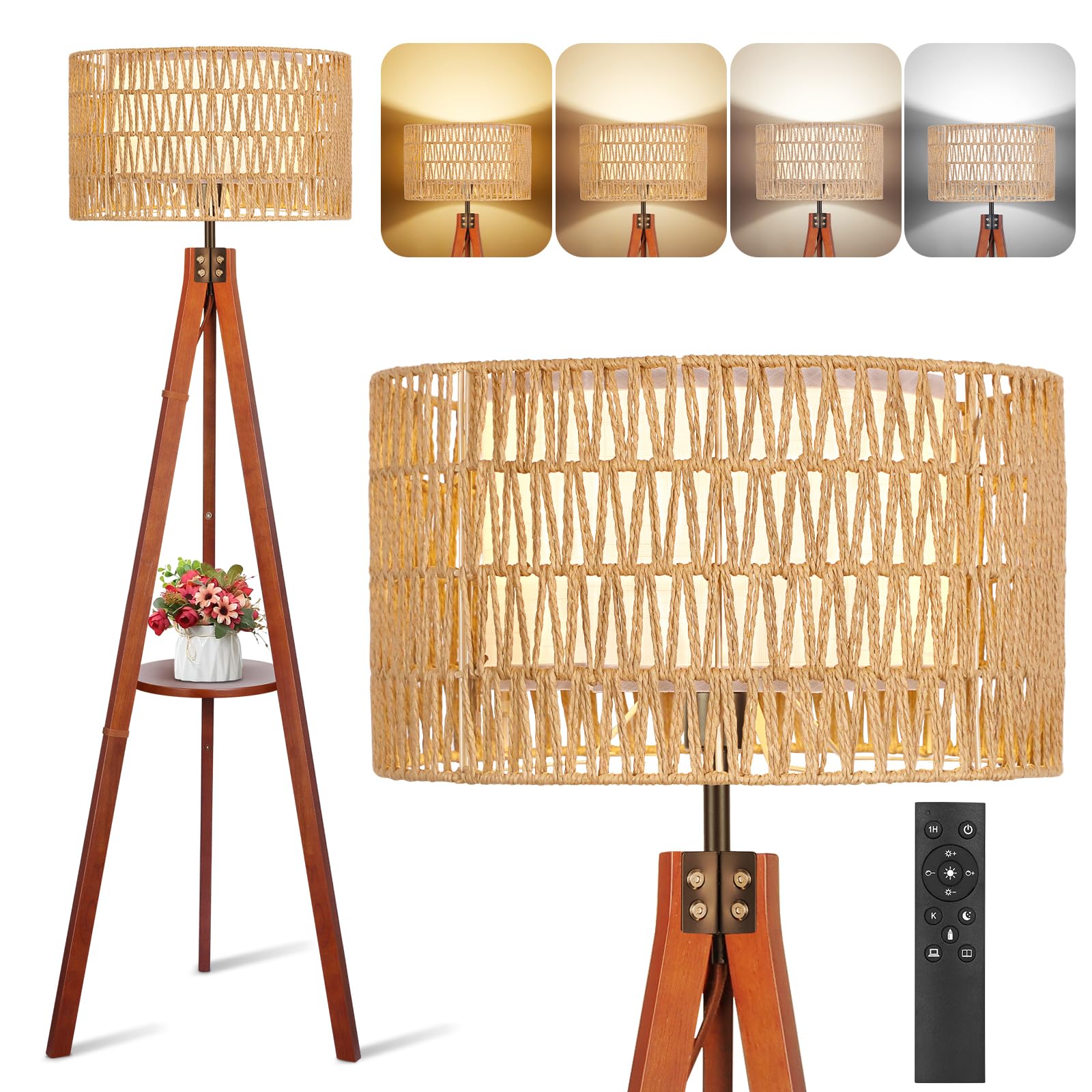 OUTON Wood Tripod Floor Lamp with Shelves, Mid Century Floor Lamp with Remote Control,4 Color Temperature, LED Modern Dimmable Standing Lamp with Beige Linen Shade for Living Room, Bedroom, Office