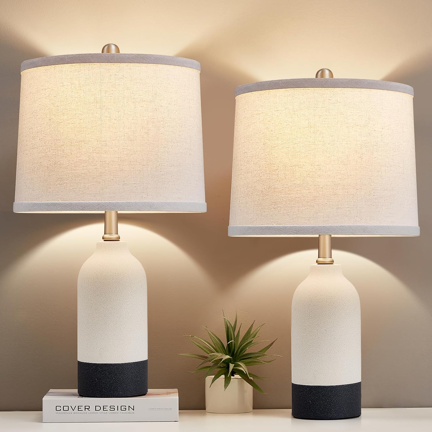 Modern Ceramic Table Lamp Set of 2, Adjustable Color Temperature Bedside Lamps for Night Stands with Fabric Drum Shade, Nightstand Lamps for Bedroom, Living Room, Desk, Includes 2 Bulbs (21.4")