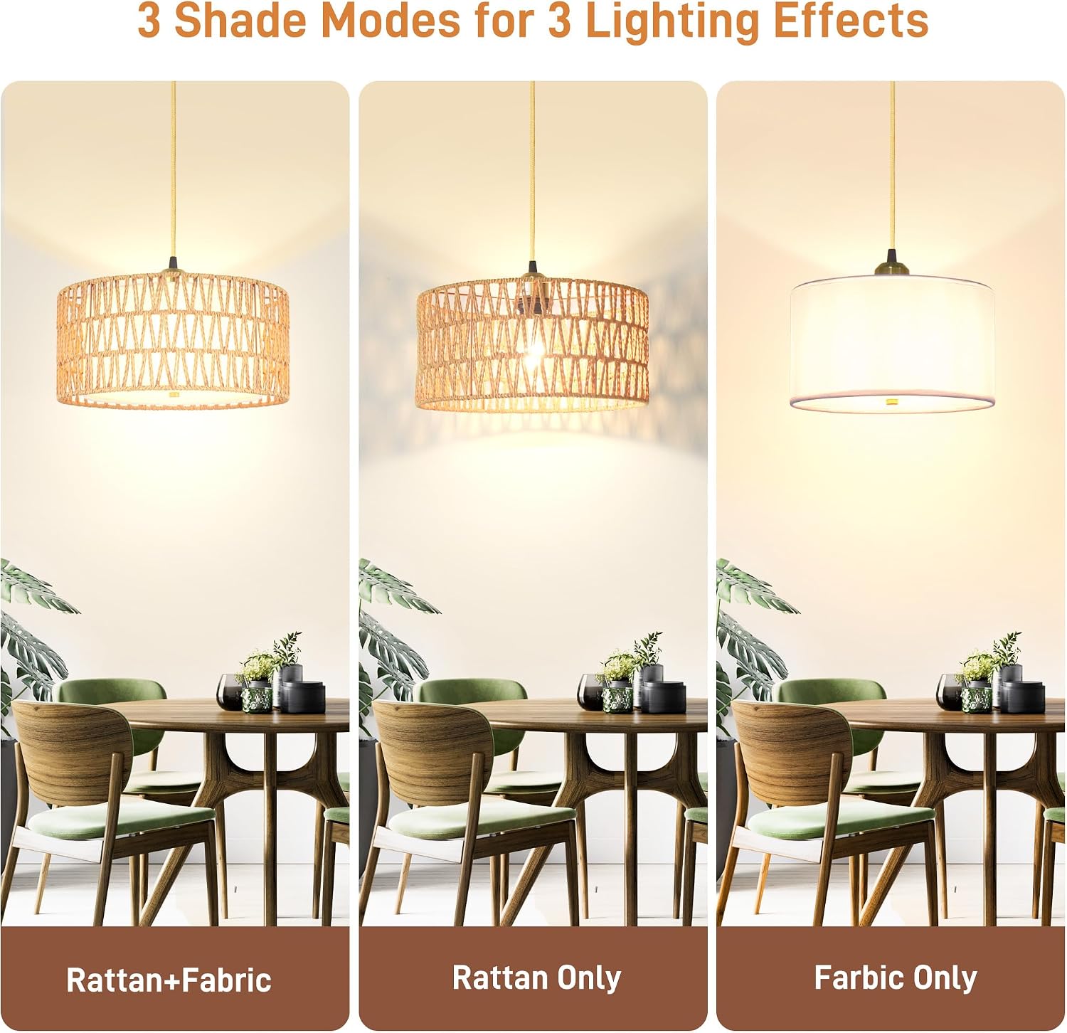 13'' Gold Plug in Pendant Light, Boho Dimmable Hanging Lamp with Rotary Dimmer Switch & 15ft Cord, Rattan & Fabric 2-in-1 Shade, Farmhouse Pendant Lights Kitchen Island Living Room Bedroom, ETL Listed