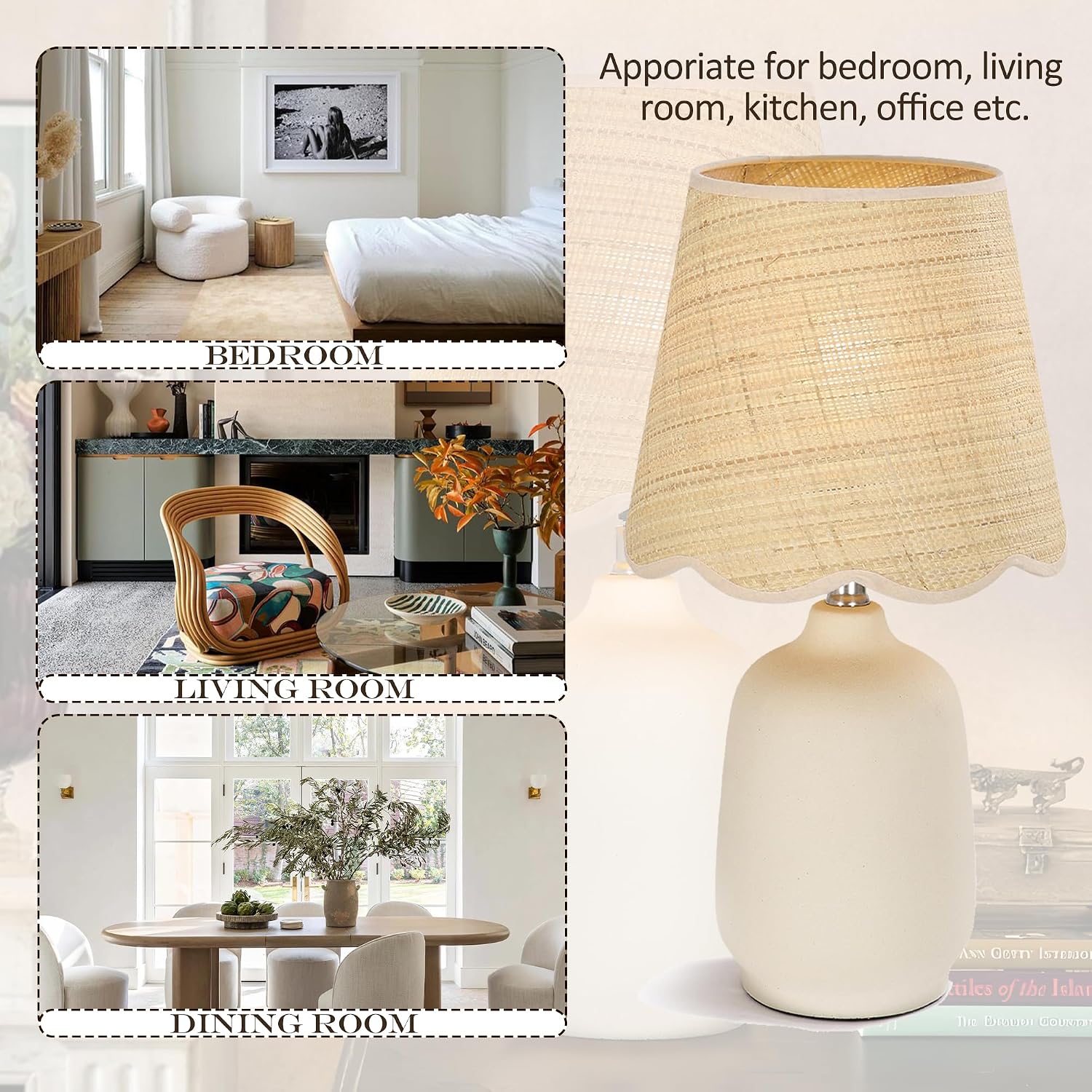 Pia Ricco 19" Modern Ceramic Table Lamp for Living Room Cream Base Desk Lamps for Bedroom Farmhouse Bedside Nightstand Lamp End Table Lamps,Beige,Rattan Shade