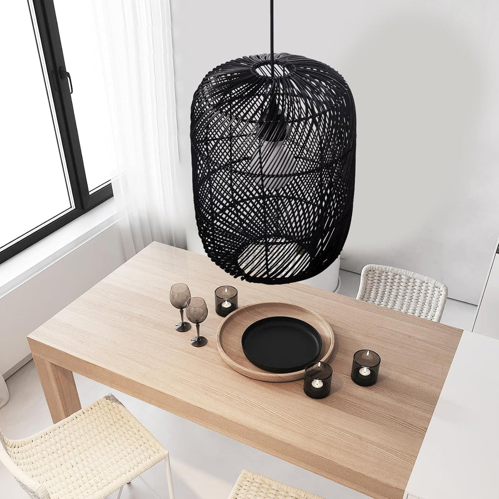 Arturesthome Black Rattan Pendant Light Fixture, Farmhouse Natural Boho Chandelier Ceiling Lighting, Retro Wicker Hanging Lamp for Kitchen Island 11"*15.74"