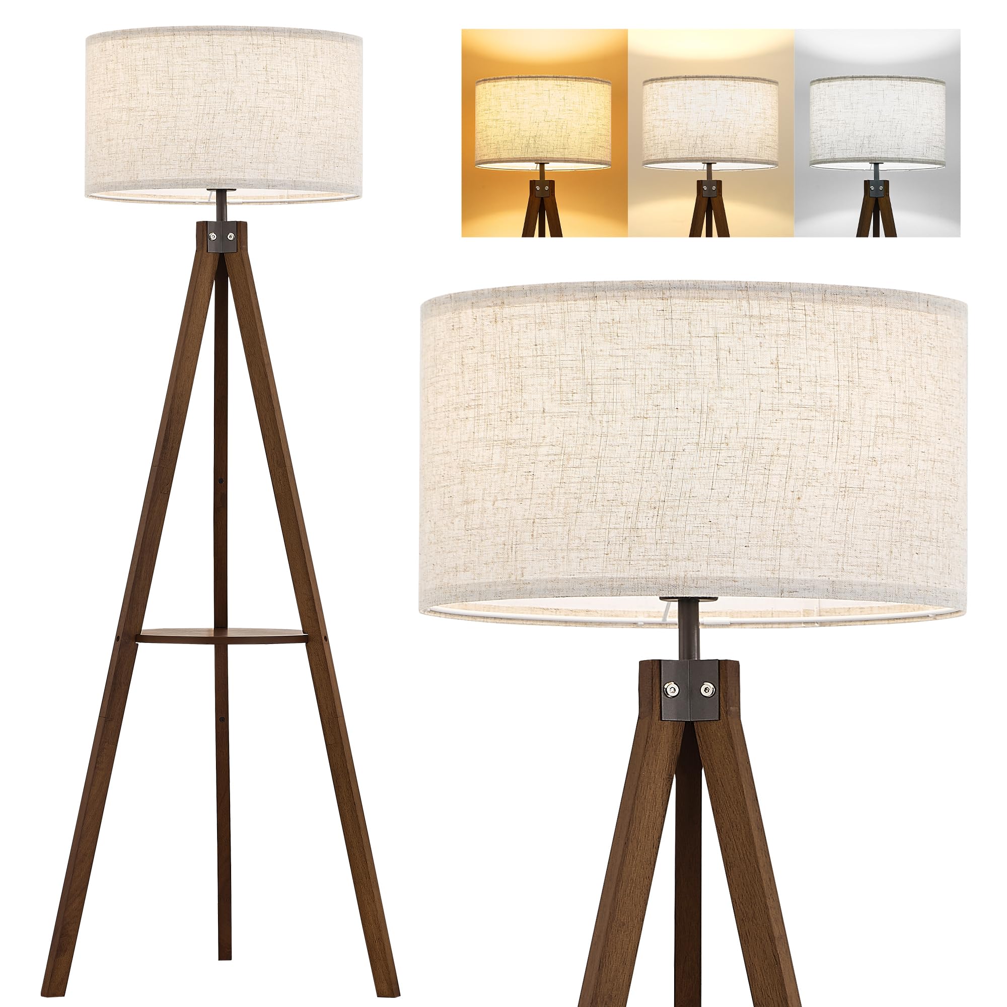 ELYONA Tripod Floor Lamp with Table, Mid Century Wood Shelf Standing Light Modern Tall Floor Lamp with Linen Shade for Living Room Bedroom Office,Dark Brown, 3 Color Temperatures LED Bulb Include