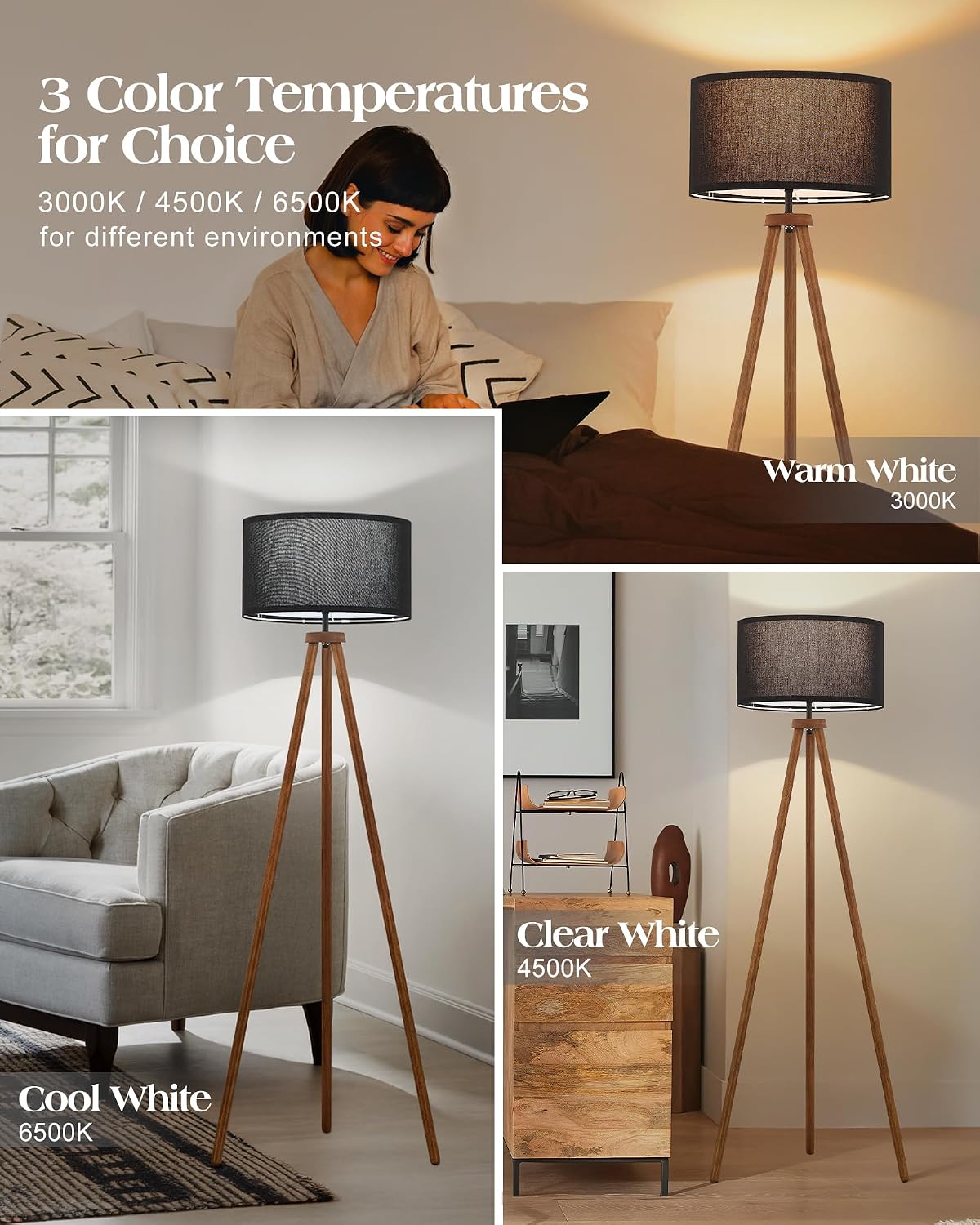 ELYONA Wood Tripod Floor Lamp Modern Standing Lamp with Black Drum Shade, Industrial Tall Reading Lamp for Office Living Room Bedroom, ETL Listed Walnut & Black, 3 Color Temperatures LED Bulb Include