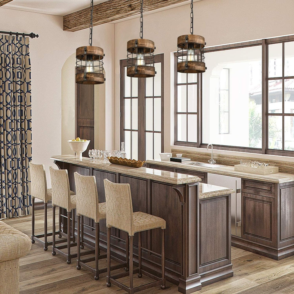 Retro Industrial Metal and Wood Farmhouse Chandeliers, 1-Light Round Cage Pendant Light Fixtures for Farmhouse Kitchen Island Foyer Hallway Bar Dining Room Restaurant, Brown, 2 Pack