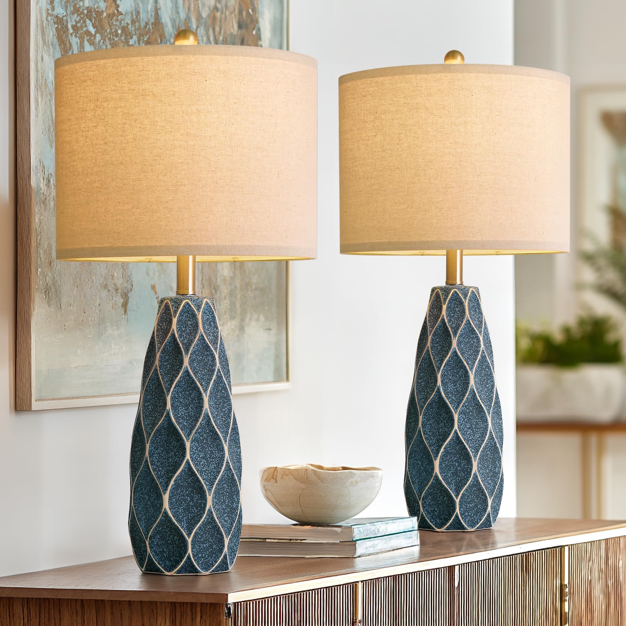 Set of 2 27.5" White Ceramic Table Lamps, Modern Boho Farmhouse Vintage Bedside Lights for Living Room Bedroom Nightstand Decor & Gifts