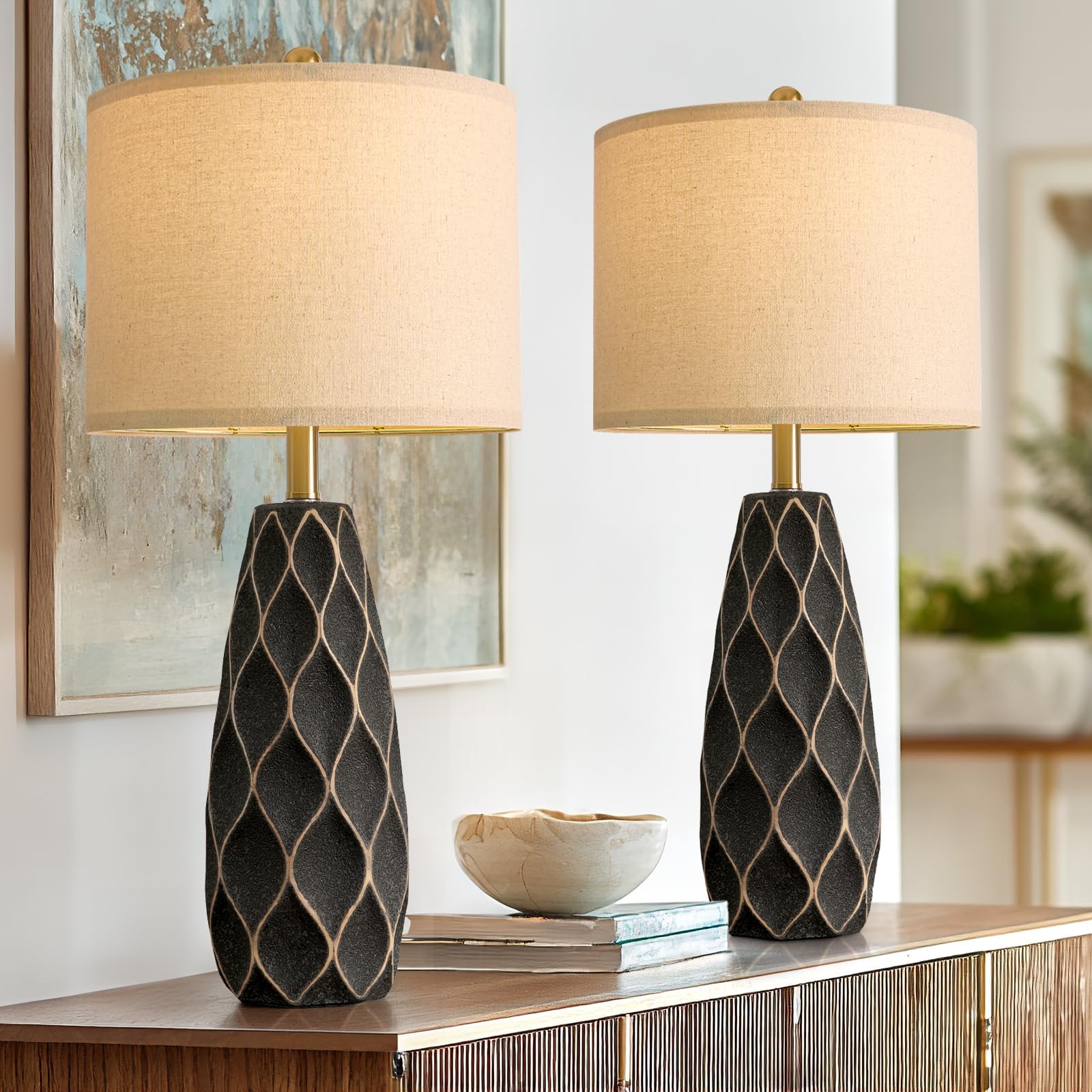 Set of 2 27.5" White Ceramic Table Lamps, Modern Boho Farmhouse Vintage Bedside Lights for Living Room Bedroom Nightstand Decor & Gifts