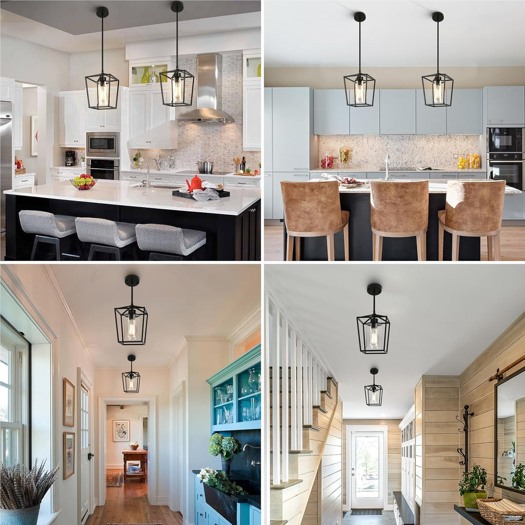 2 Pack 1-Light Black Pendant Lights for Kitchen Island, Farmhouse Metal Pendant Light Iron Cage Hanging Light Fixtures with Clear Glass Shade for Dining Room, Entryway, Hallway, Foyer