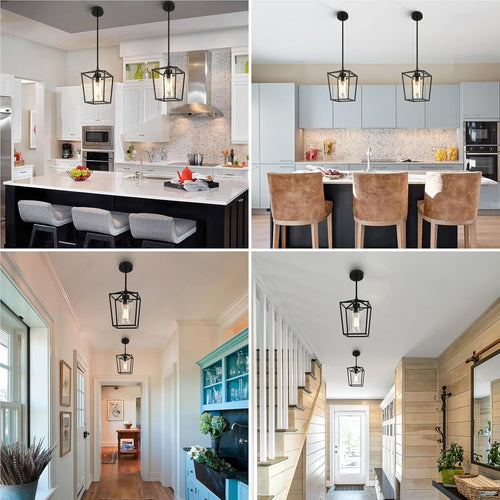 2 Pack 1-Light Black Pendant Lights for Kitchen Island, Farmhouse Metal Pendant Light Iron Cage Hanging Light Fixtures with Clear Glass Shade for Dining Room, Entryway, Hallway, Foyer