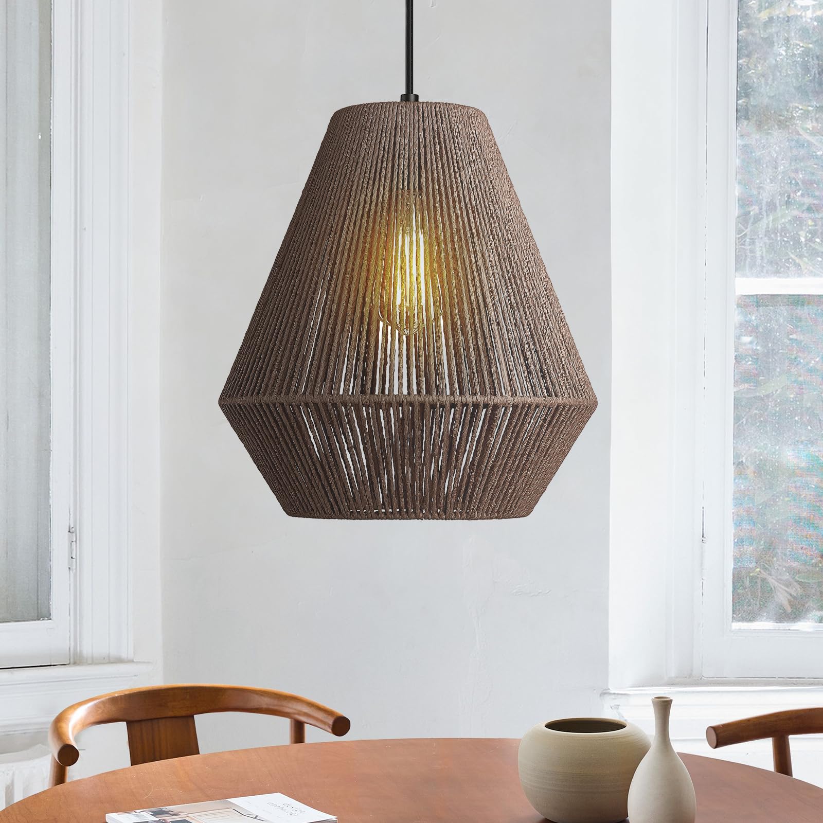ELYONA Boho Woven Pendant Lights 7” Rustic Rattan Hanging Lamp Adjustable Handwoven Basket Shade, Japandi Pendant Light Fixtures for Kitchen Island, Dining Room, Bedroom, Farmhouse Bar, Foyer Hallway