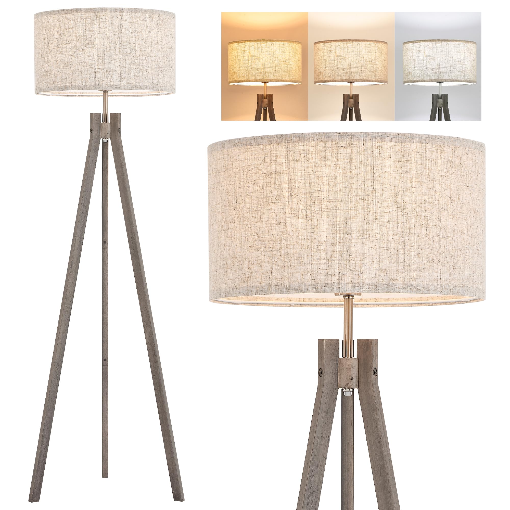 ELYONA Wood Tripod Floor Lamp, Mid Century Reading Standing Lamp with 3 Color Temperatures & Linen Shade, Modern Night Light for Bedroom, Farmhouse, Living Room, Office, 9W LED Bulb Included, Brown