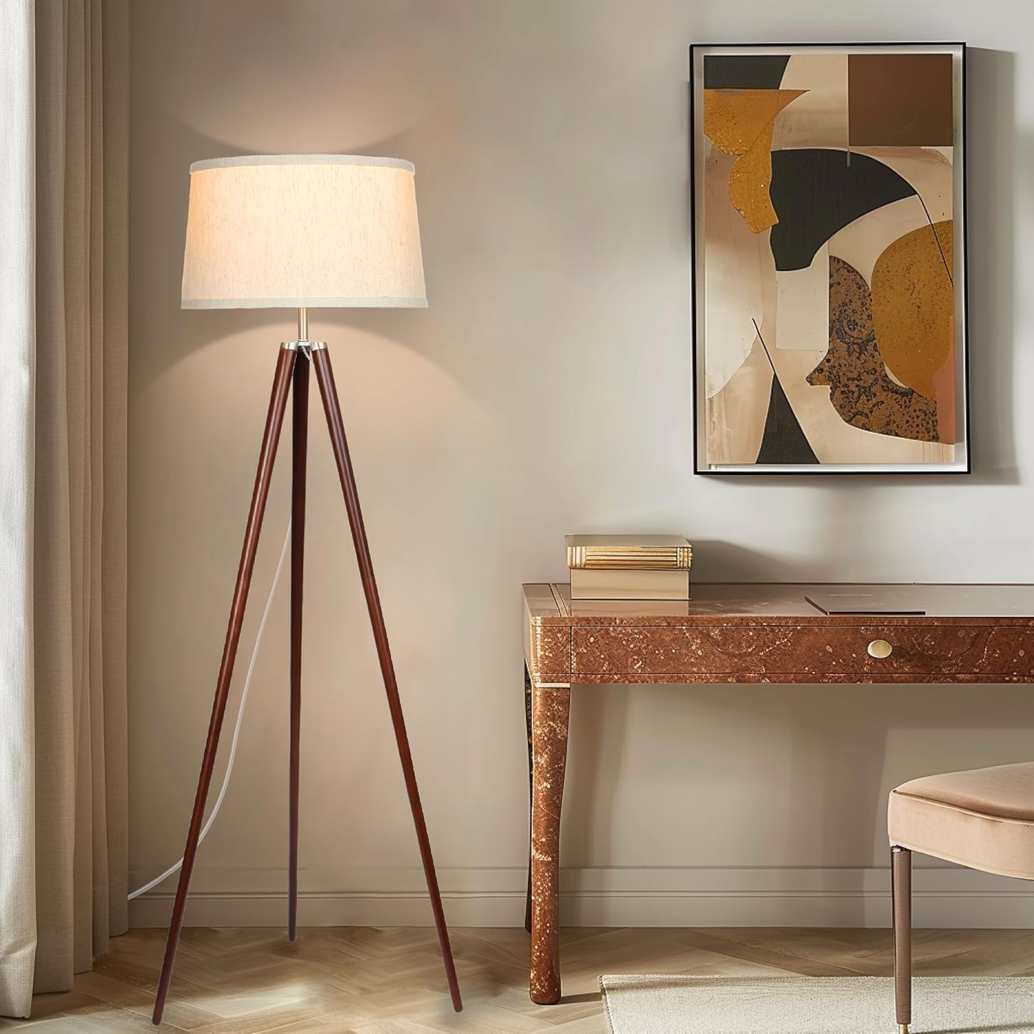 Brightech Emma LED Floor Lamp, Tall Lamp with Wood Legs, Mid-Century Modern Standing Lamp for Bedroom Reading, Tripod Lamp for Living Rooms & Offices, Great Living Room Decor - Walnut Brown