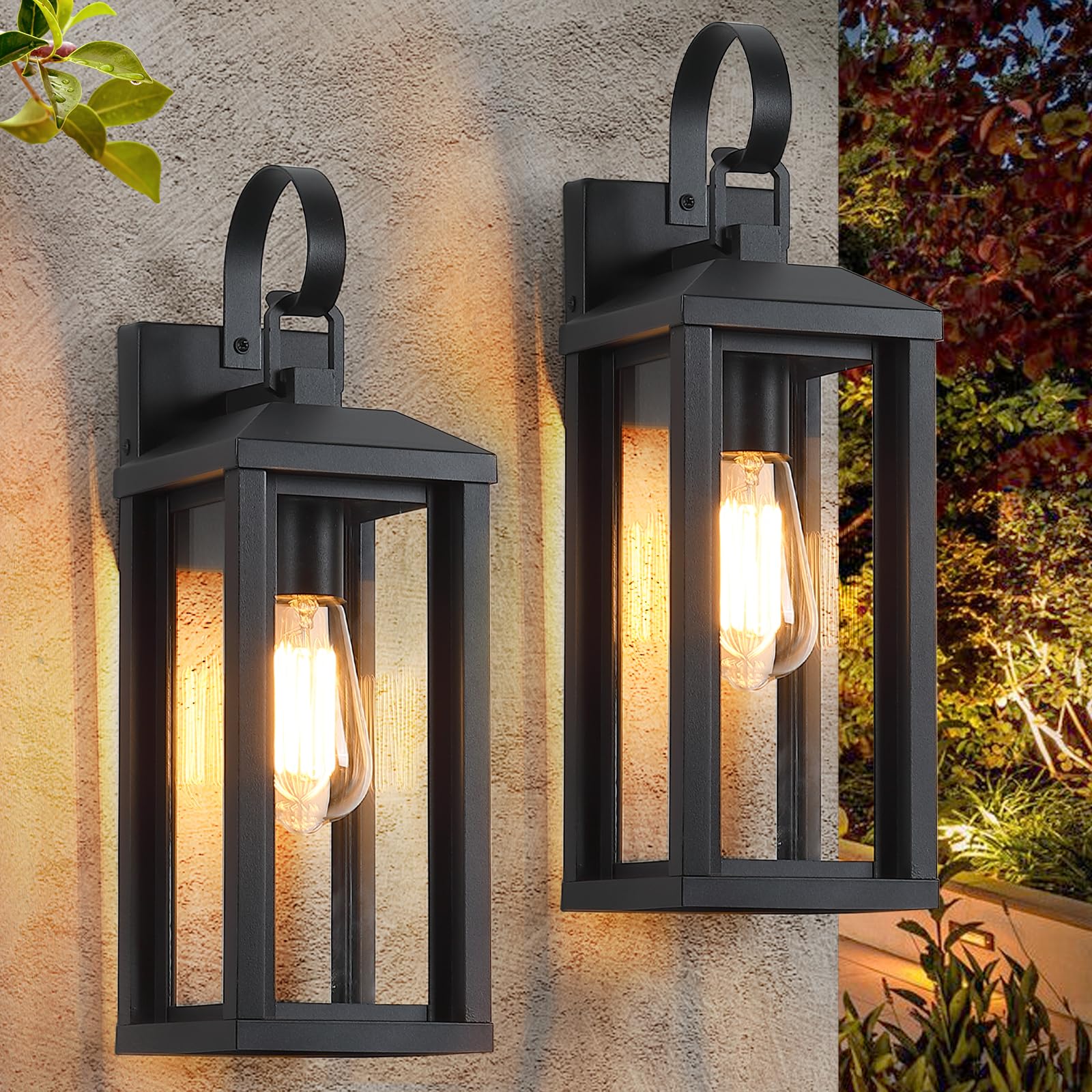 2-Pack 17" Black Modern Farmhouse Waterproof Outdoor Wall Sconces, Anti-Rust Clear Glass Porch Coach Lights for Garage & House Exterior