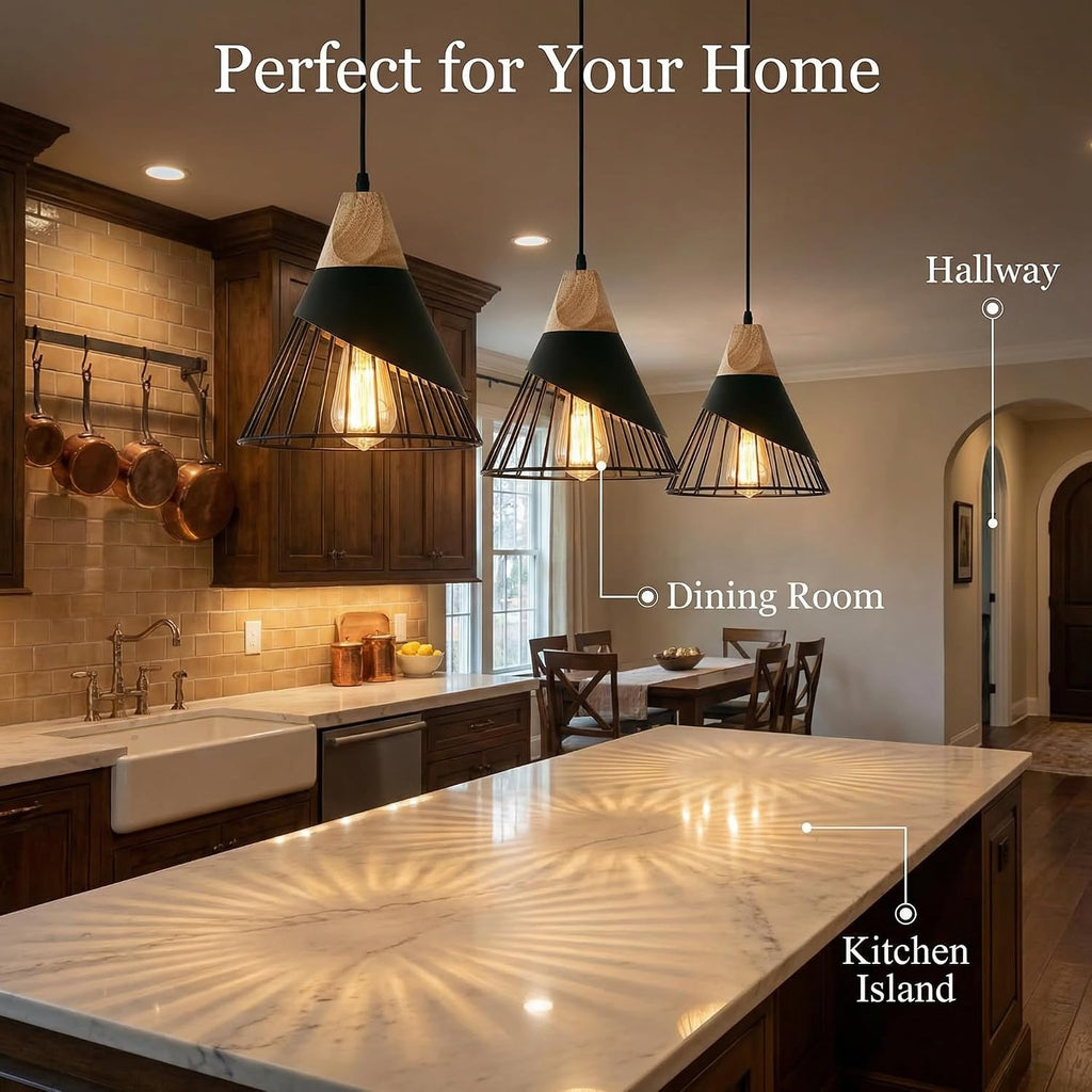 Black Farmhouse Pendant Light with Wood,Modern Wood & Metal Pendant Lighting,Adjustable Height Hanging Ceiling Light Fixture for Kitchen Island Dining Room Bedroom Hallway