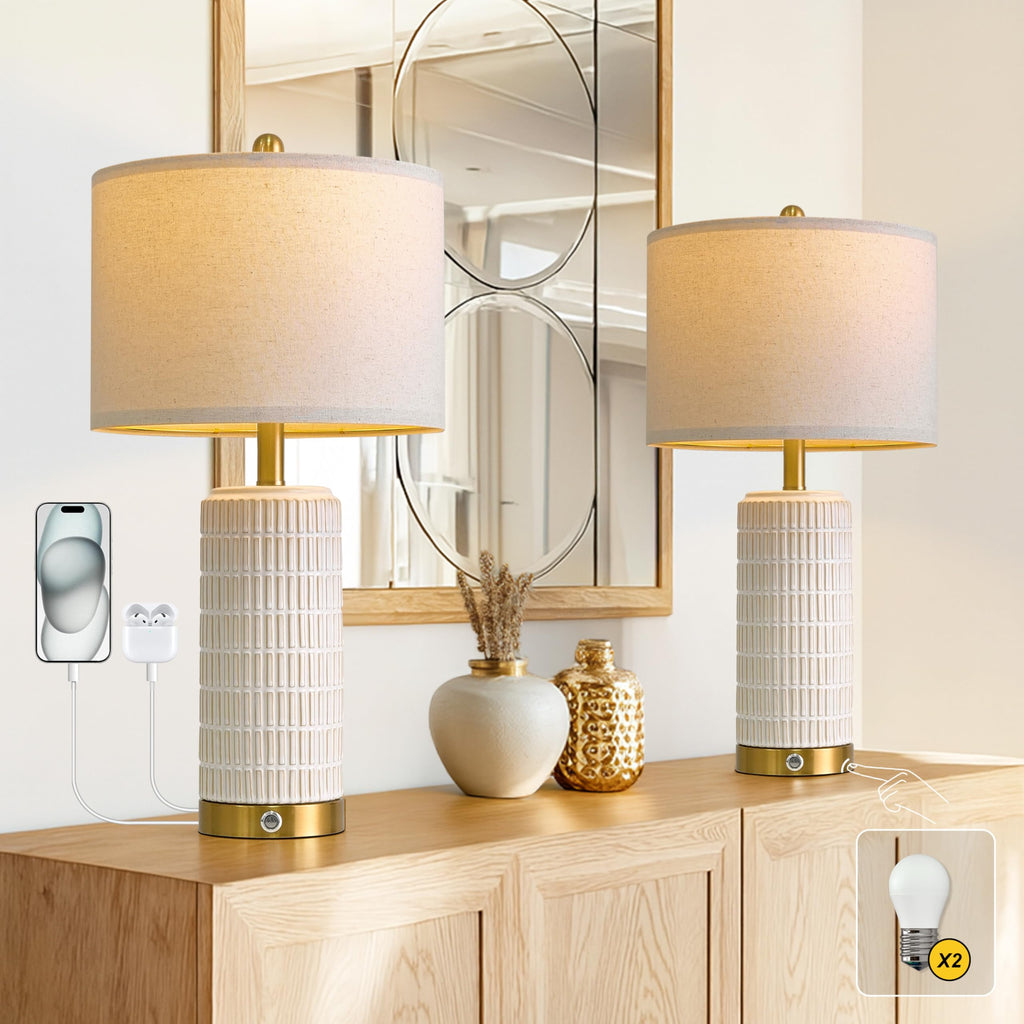 PoKat Stone-Like Ceramic Table Lamps with USB Ports for Bedroom, 25'' Matte-White Dimmable Nightstand Touch Lamps for Night Stands with Gold Base, Farmhouse Lamps for Living Room End Side Table
