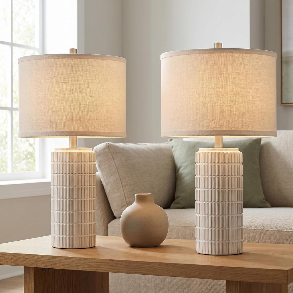 AIEAMPDO 23'' Set of 2 Modern Ceramic Table Lamps for Living Room Bedroom, Nightstand Farmhouse Beige White Desk Lamp for Bedside End Table Entryway, 2 LED Bulbs Included