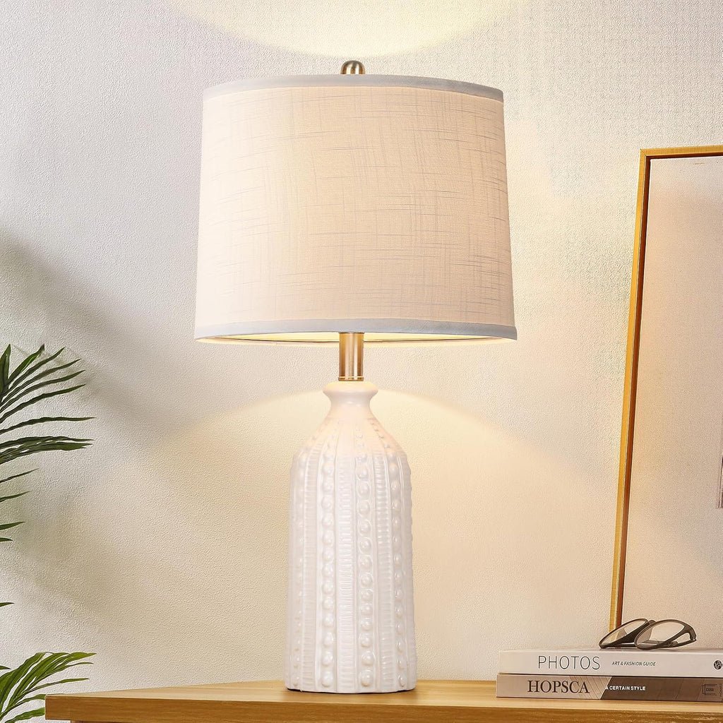 JUNNAI White Ceramic Table Lamp 24.5": 3-Way Dimmable Bedside Lamp with White Drum Slub Shade, Modern Nightstand Lamp for Bedroom & Living Room (Bulb Included)