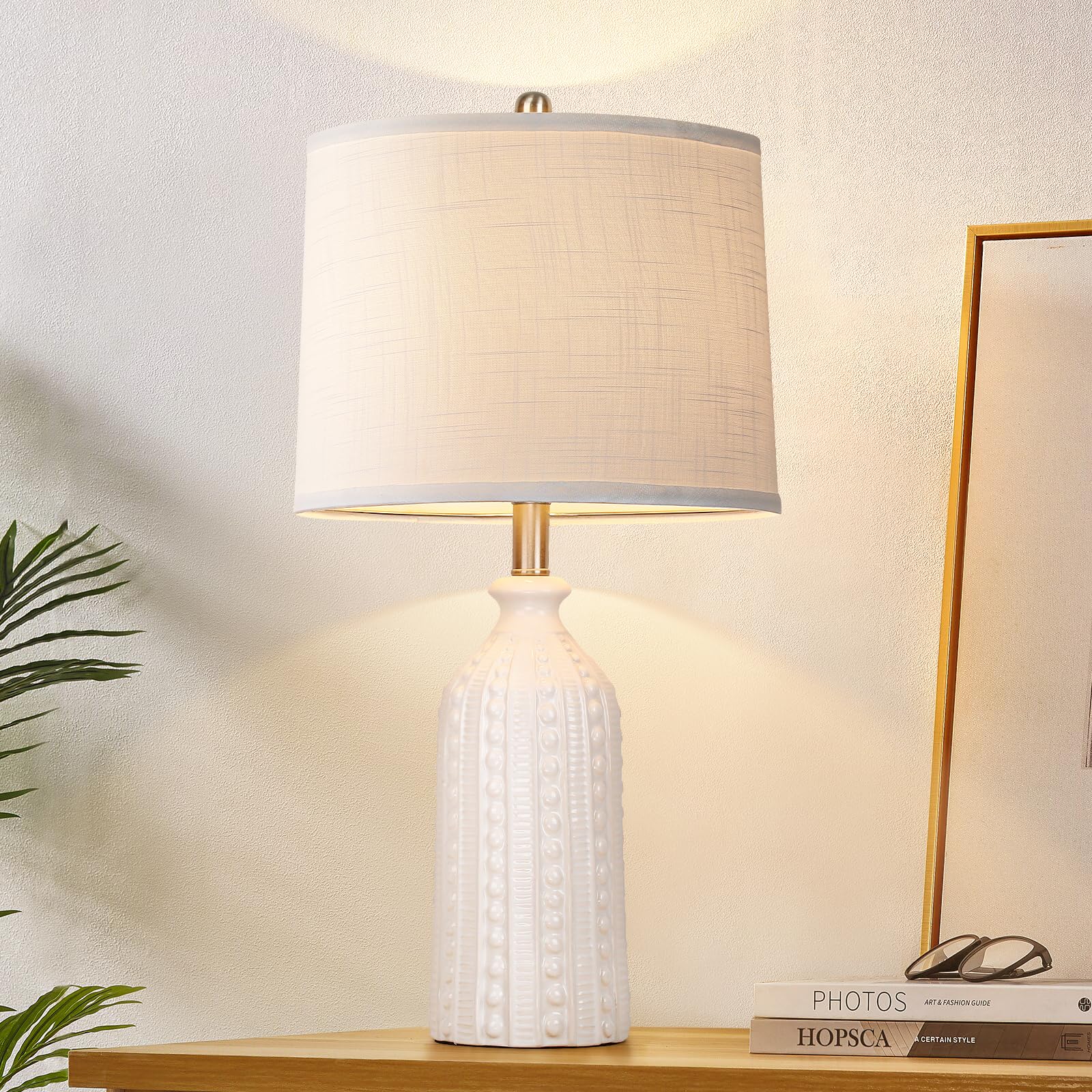JUNNAI White Ceramic Table Lamp 24.5": 3-Way Dimmable Bedside Lamp with White Drum Slub Shade, Modern Nightstand Lamp for Bedroom & Living Room (Bulb Included)