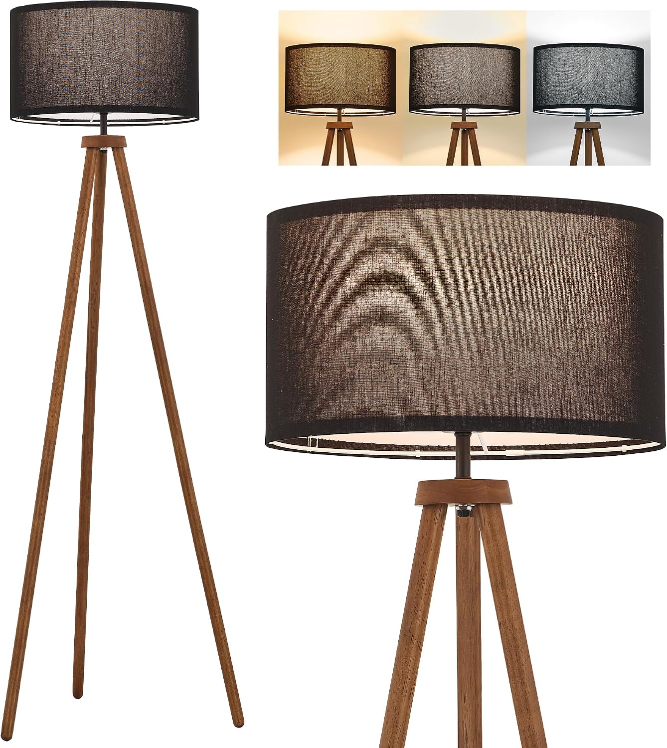 ELYONA Wood Tripod Floor Lamp Modern Standing Lamp with Black Drum Shade, Industrial Tall Reading Lamp for Office Living Room Bedroom, ETL Listed Walnut & Black, 3 Color Temperatures LED Bulb Include
