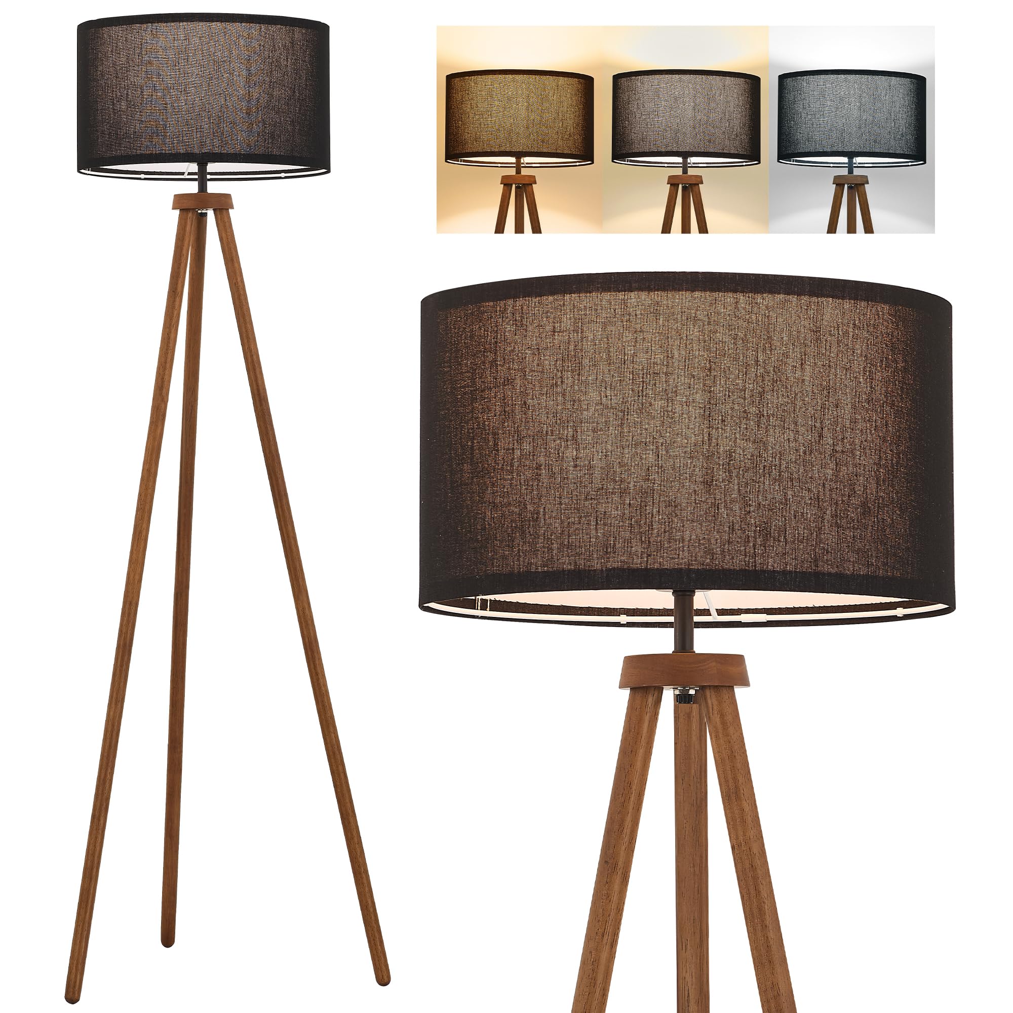 ELYONA Wood Tripod Floor Lamp Modern Standing Lamp with Black Drum Shade, Industrial Tall Reading Lamp for Office Living Room Bedroom, ETL Listed Walnut & Black, 3 Color Temperatures LED Bulb Include