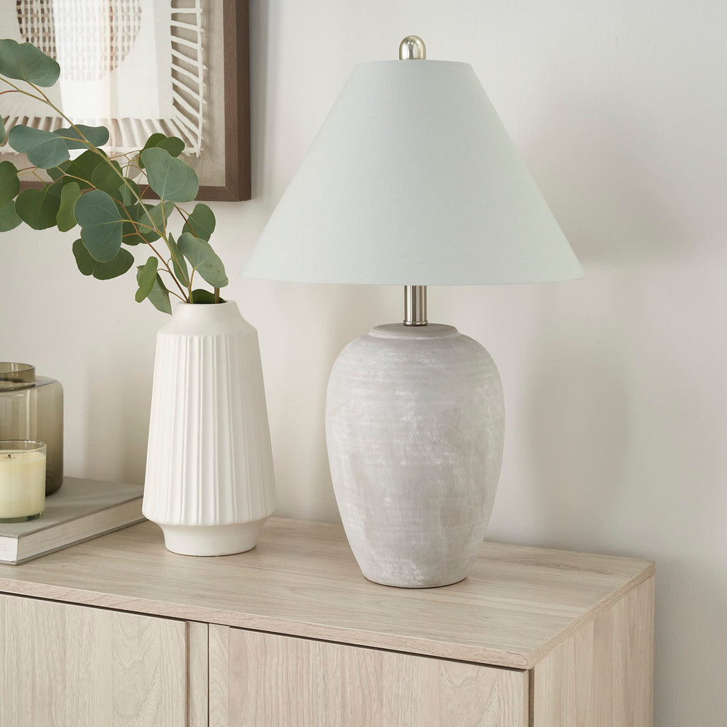 Nourison Home 23" Natural White Ceramic Jar Table Lamp for Bedroom, Living Room, Dining Office, with Off-White Shade