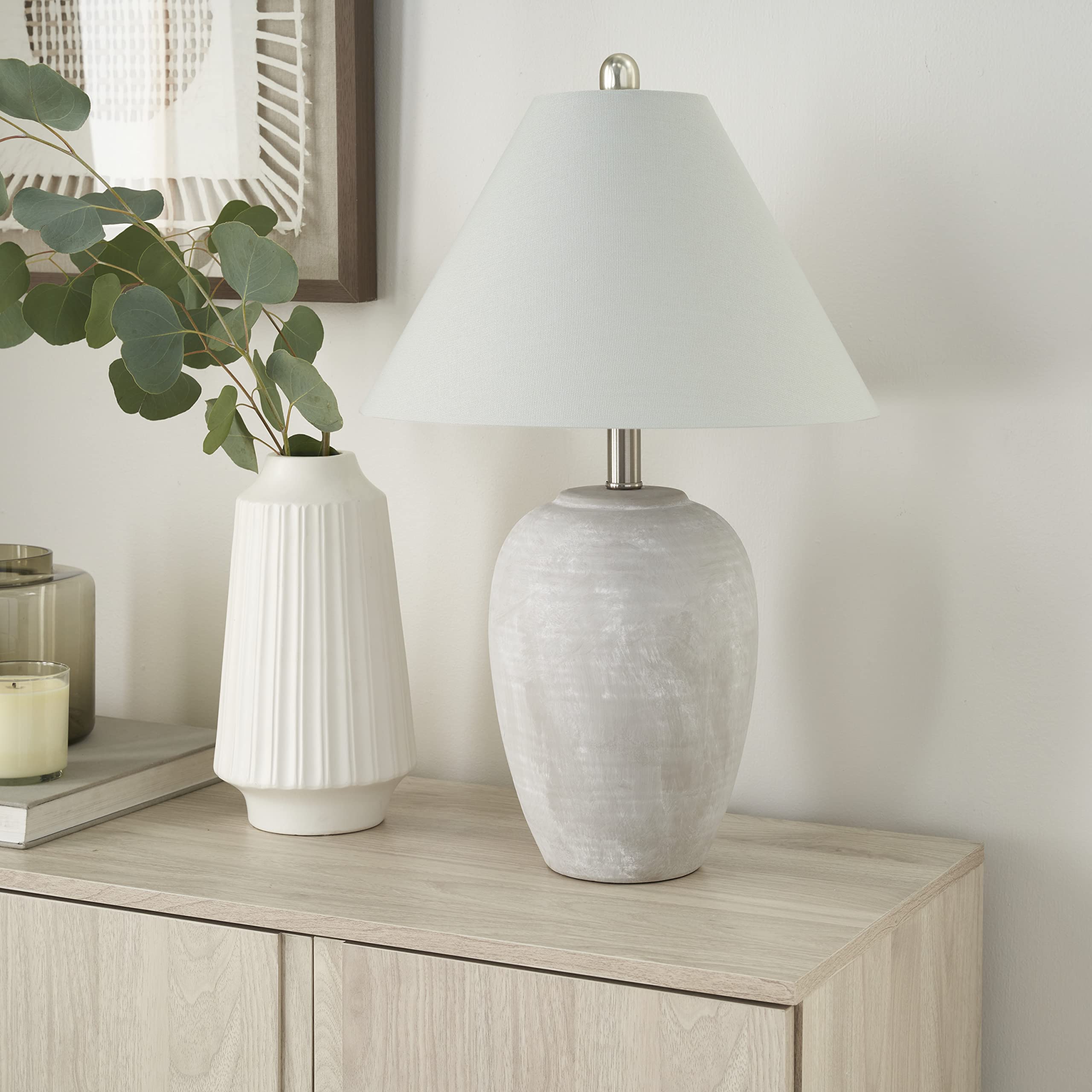 Nourison Home 23" Natural White Ceramic Jar Table Lamp for Bedroom, Living Room, Dining Office, with Off-White Shade