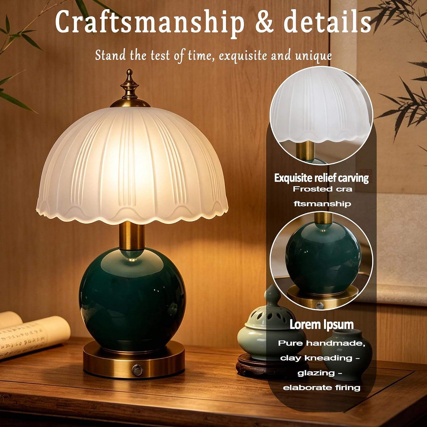 Living Room Vintage Ceramic lamp,12 inch Modern Rechargeable Touch Light, Stepless Light Adjustment Desk Lamp, Classic Chinese Style Emerald Green
