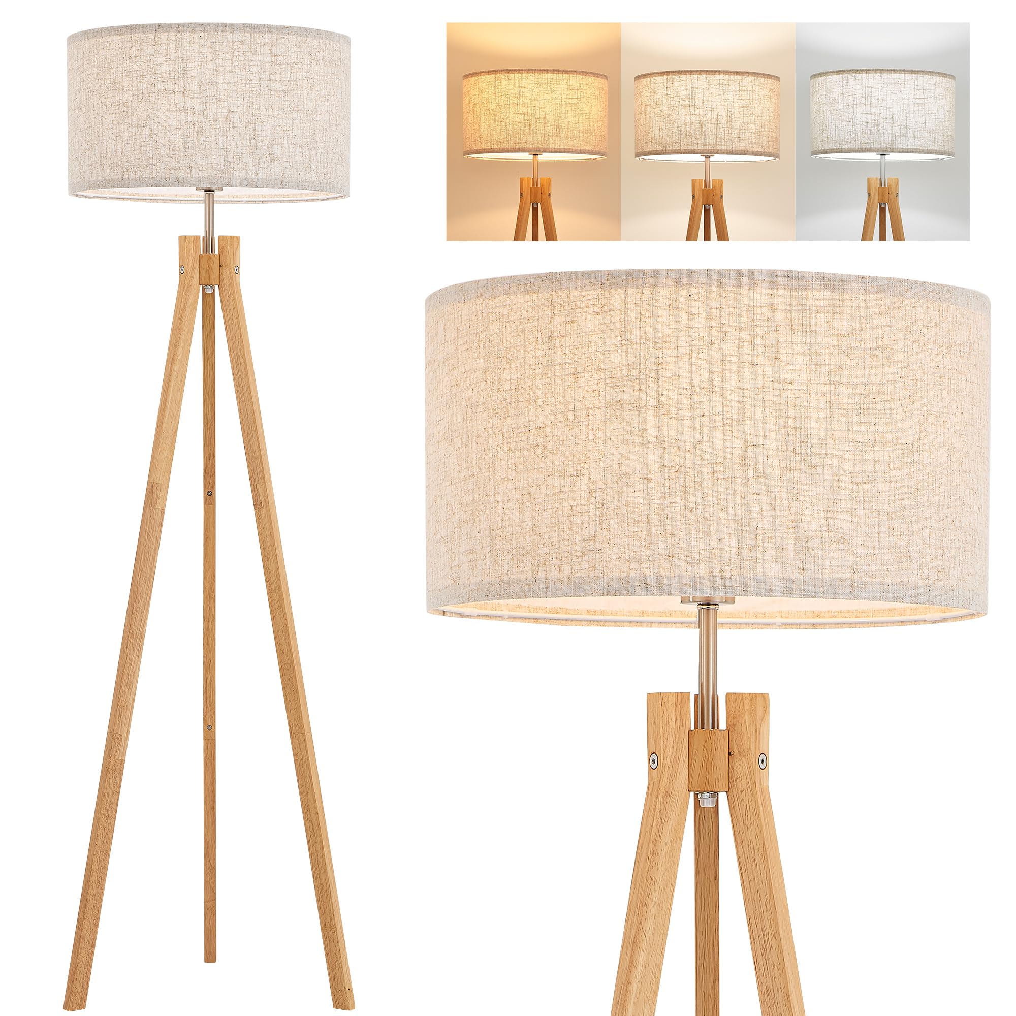 ELYONA Wood Tripod Floor Lamp for Bedroom, 3 Color Temperatures & Linen Shade, Modern Reading Standing Lamp with 9W LED Bulb, Mid Century Night Light for Farmhouse, Living Room, Office, Walnut