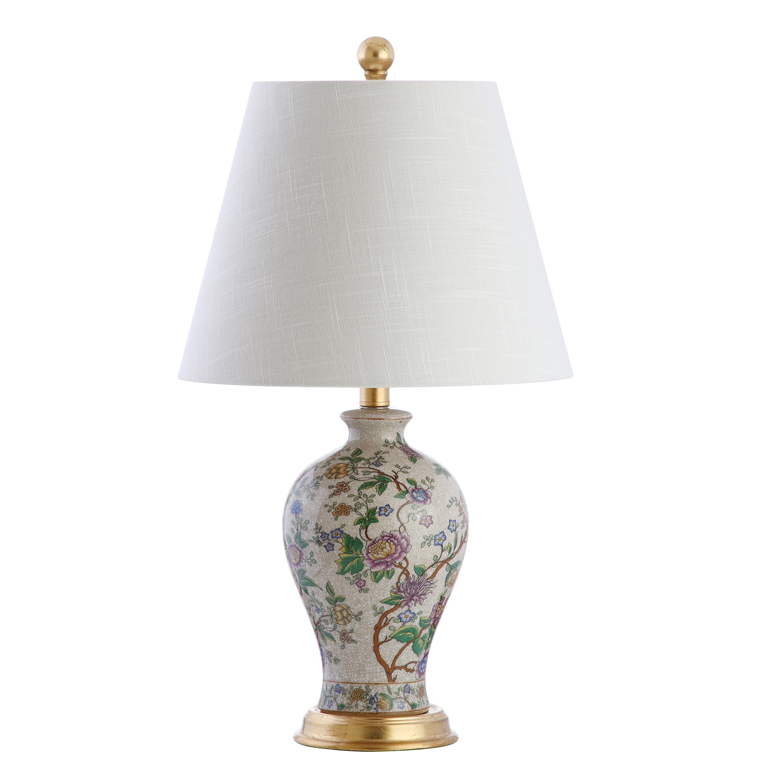 JONATHAN Y 24" Multi-Colored/Gold French Country Ceramic Floral Urn Table Lamp, White Linen Shade, Chinoiserie Ginger Jar Bedside Lamp for Living Room Bedroom, LED Bulb JYL3009A