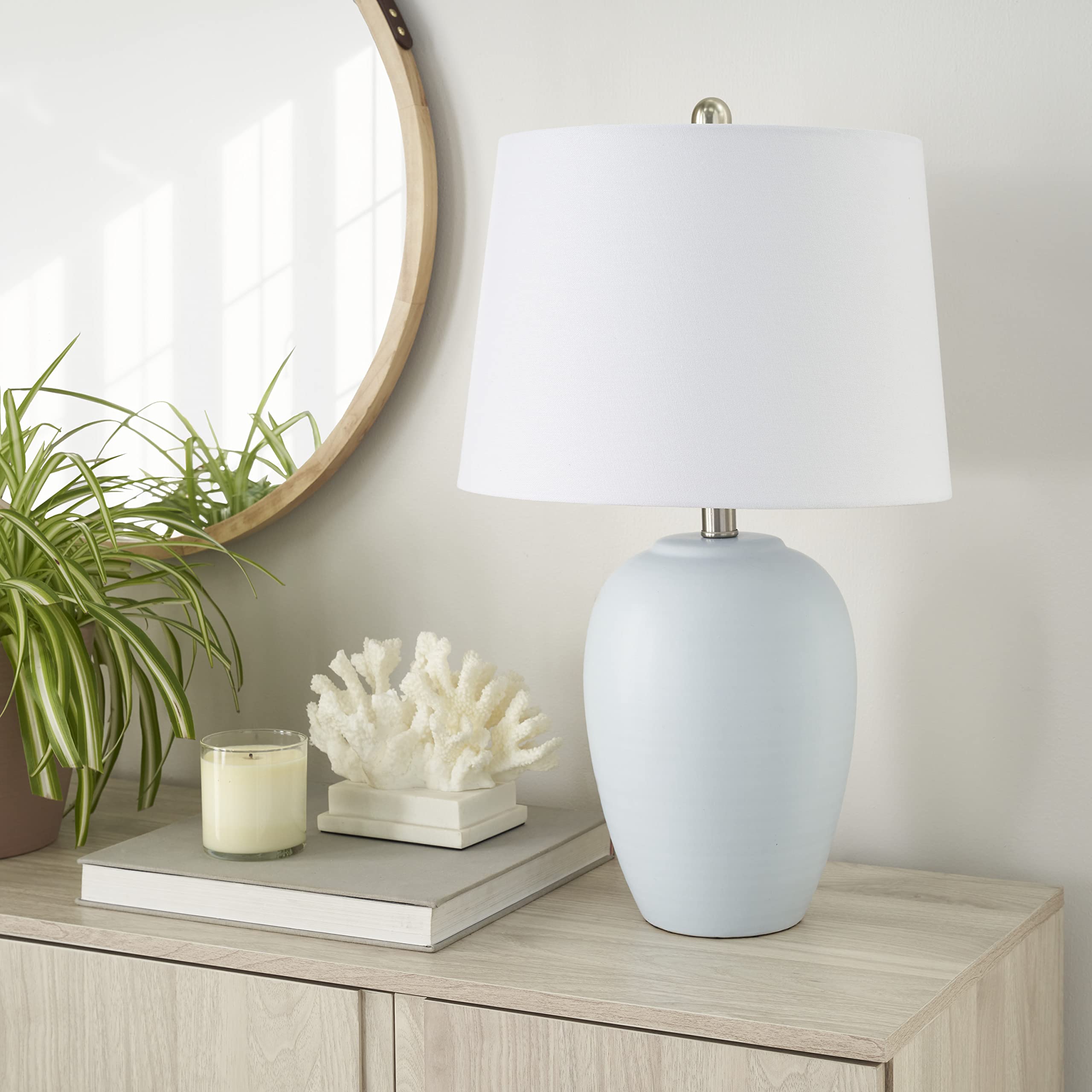 Nourison Home 23" Natural White Ceramic Jar Table Lamp for Bedroom, Living Room, Dining Office, with Off-White Shade