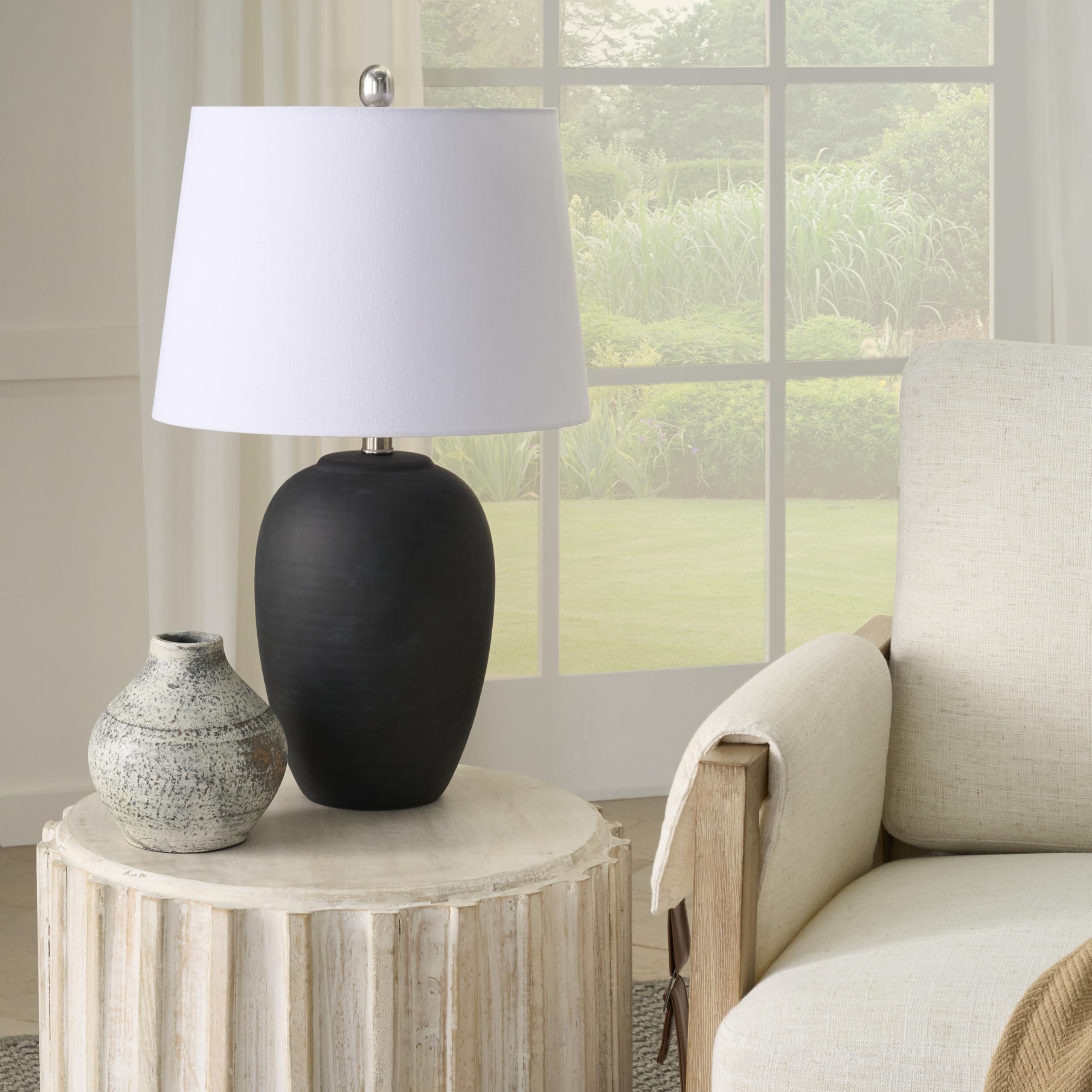 Nourison Home 23" Natural White Ceramic Jar Table Lamp for Bedroom, Living Room, Dining Office, with Off-White Shade